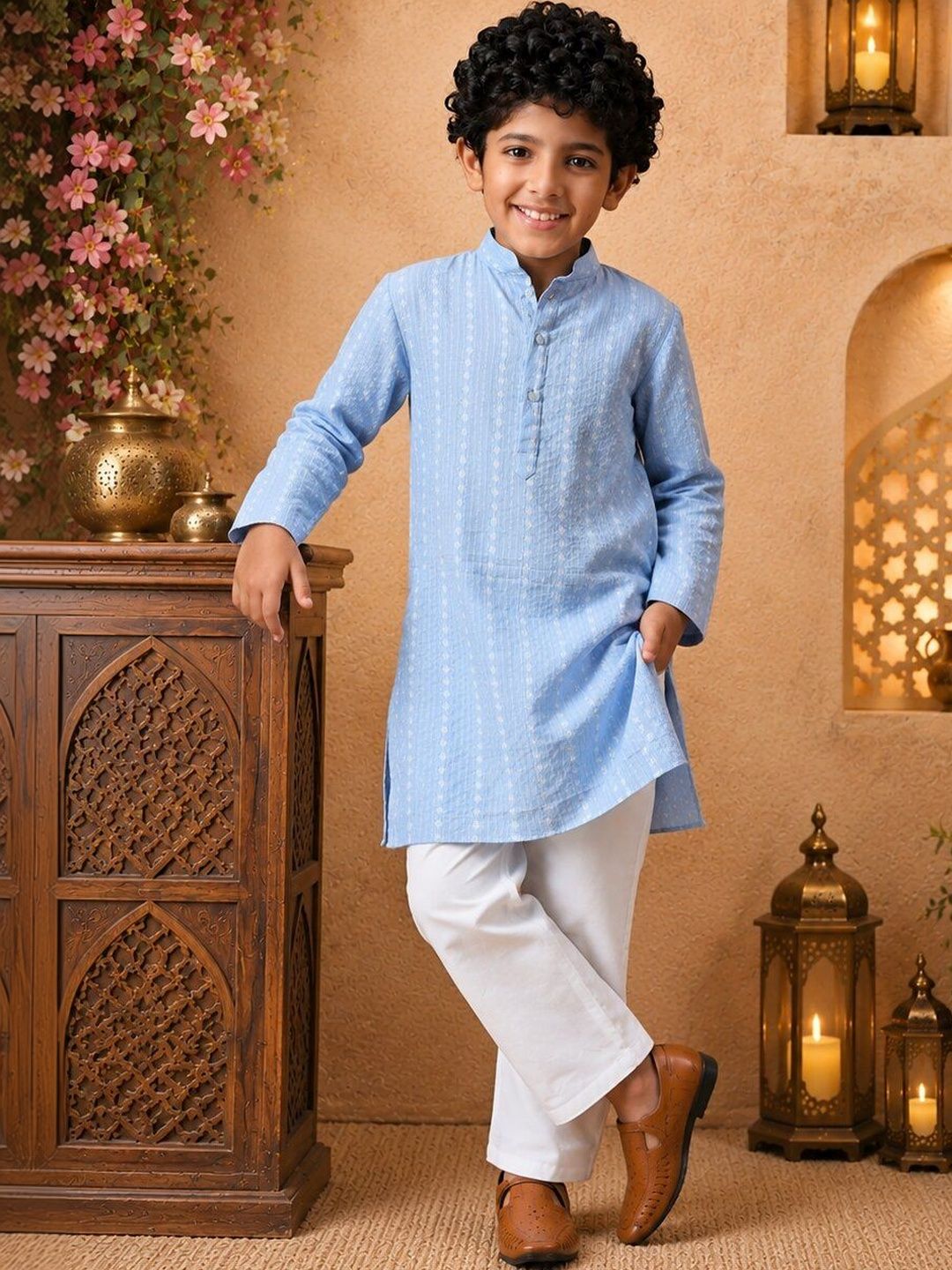 House of Pataudi Boys Ethnic Motifs Regular Pure Cotton Kurta with Pyjamas-picture-48