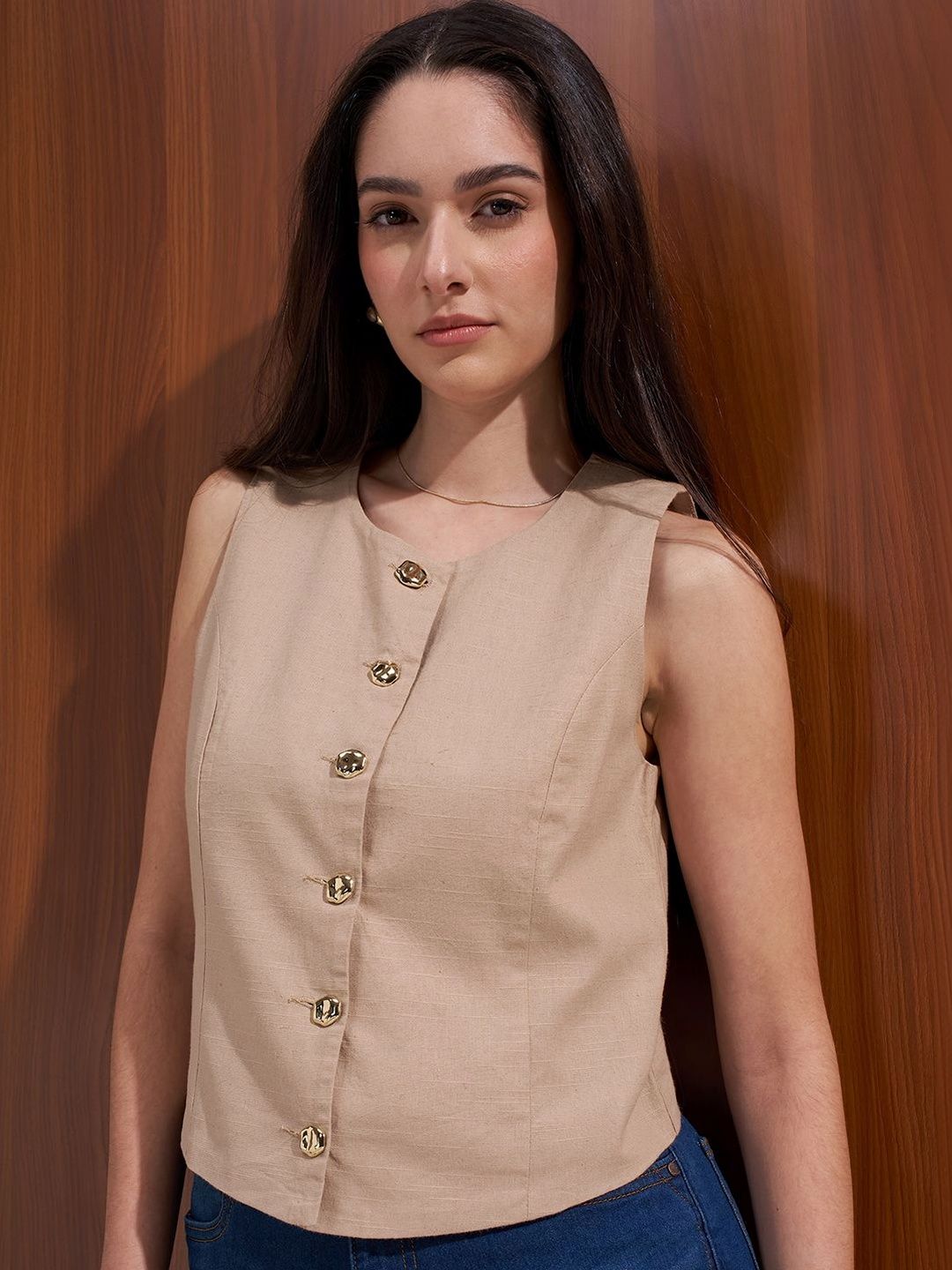 Tokyo Talkies Pure Cotton Round Neck Sleeveless Fitted Waistcoat-image-15