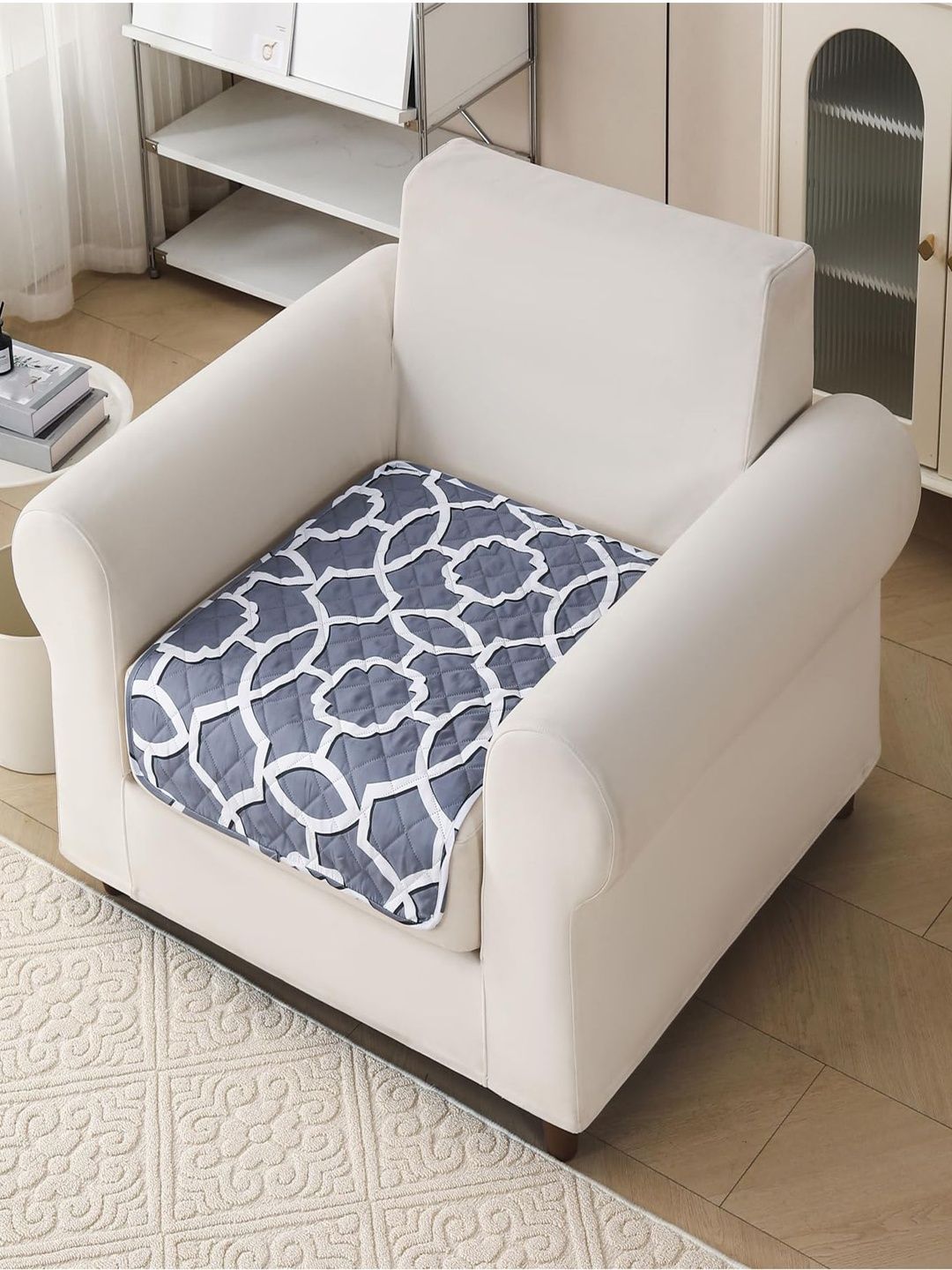 HOUSE OF QUIRK Grey & Grey Printed Polyester Blend 1 Piece Sofa Cover Without Arms-image-22