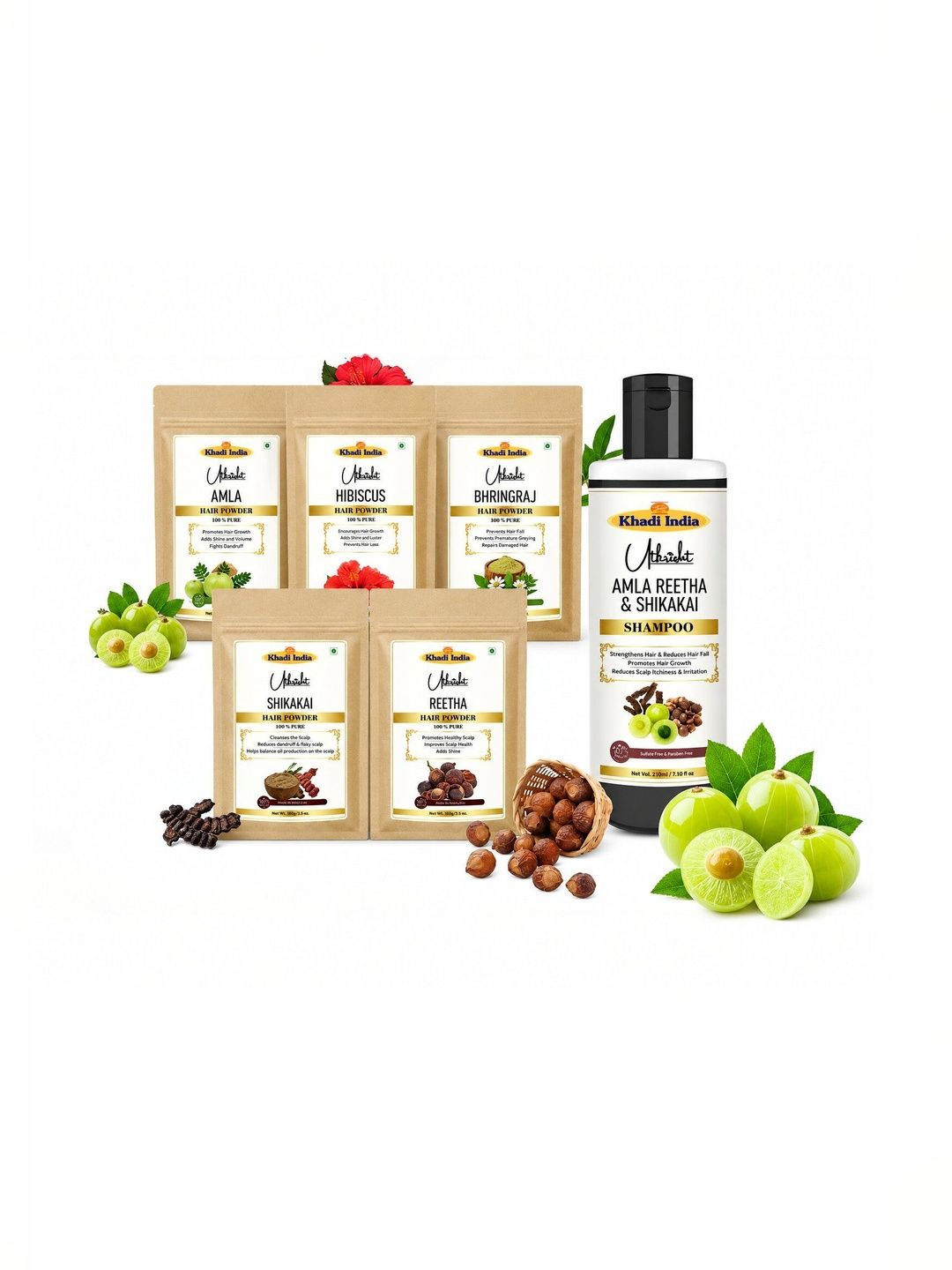 Utkrisht Set Of Amla Reetha Shikakai Bhringraj Hair Powder-100 g Each & Shampoo-210 ml-image-13