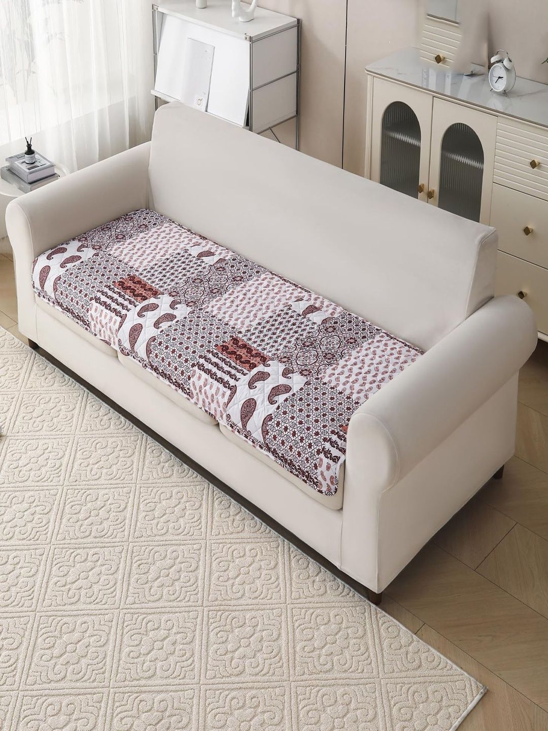 HOUSE OF QUIRK Brown & White Printed Polyester Blend 1 Piece Sofa Cover Without Arms-picture-24