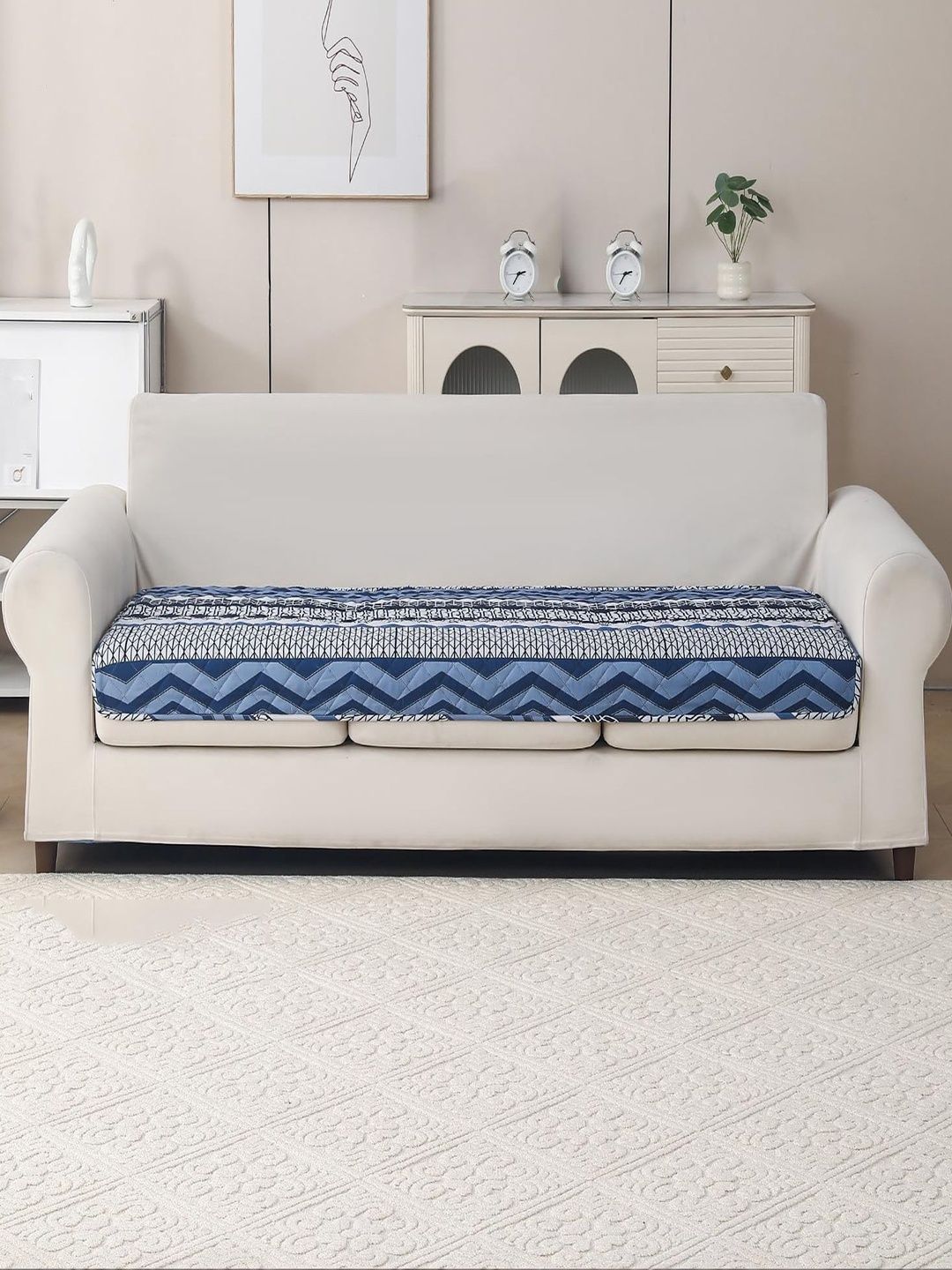 HOUSE OF QUIRK Navy Blue & Blue Printed Polyester Blend 1 Piece Sofa Cover Without Arms-image-6