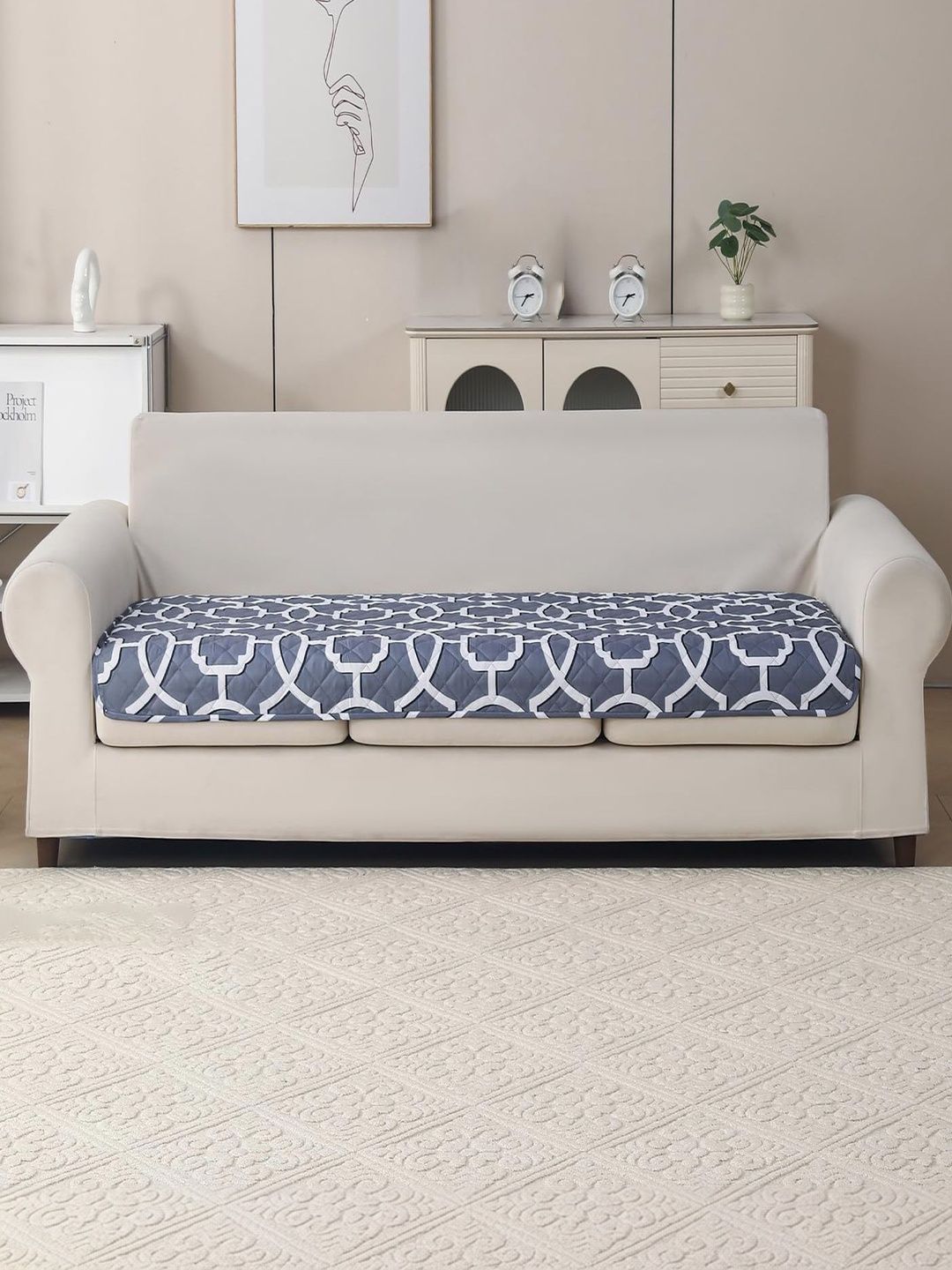 HOUSE OF QUIRK Grey & Grey Printed Polyester Blend 1 Piece Sofa Cover Without Arms-image-20