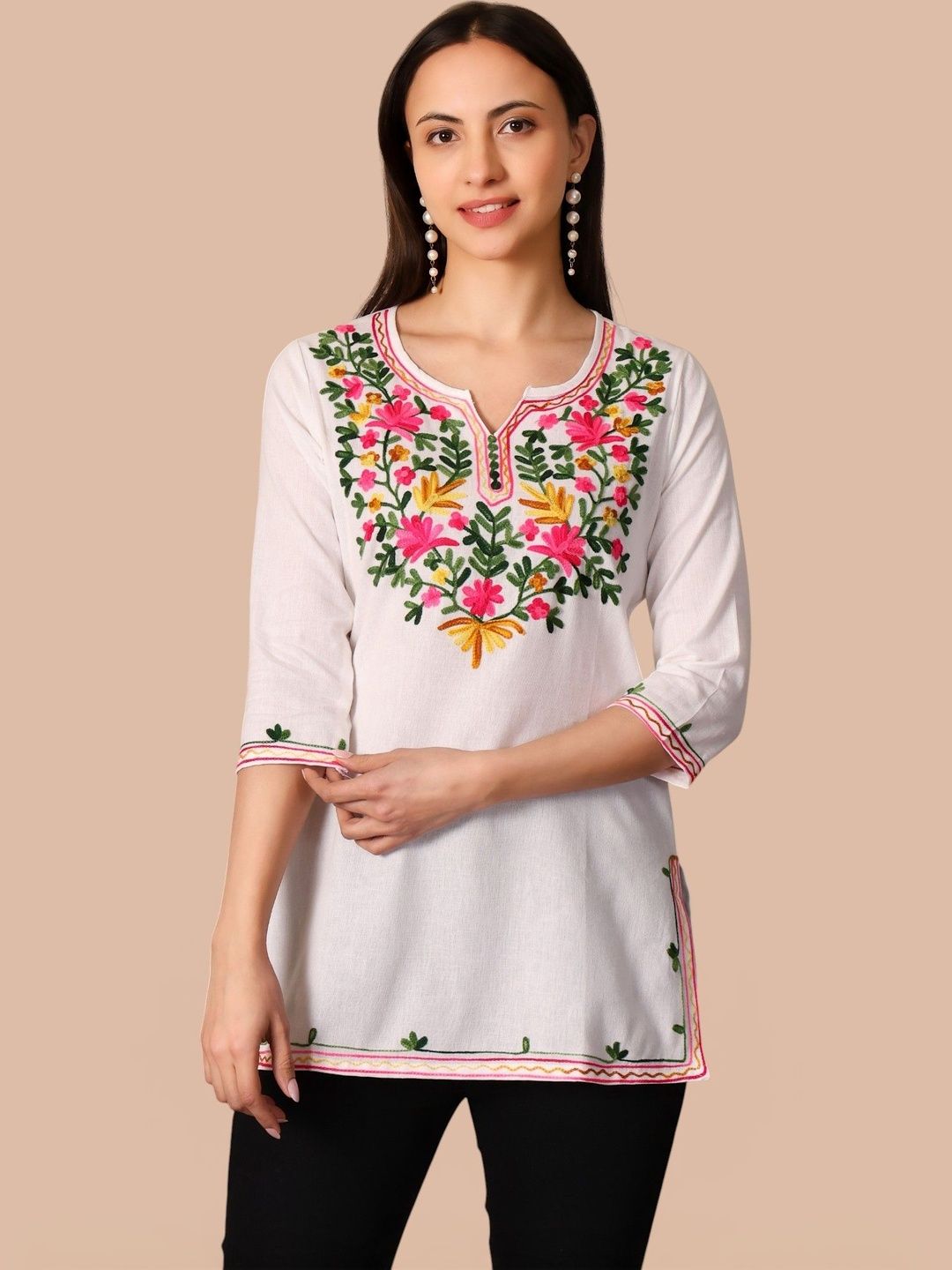 Sangria Floral Embroidered V-Neck Thread Work Pure Cotton Blend Thread Work Kurti-picture-50