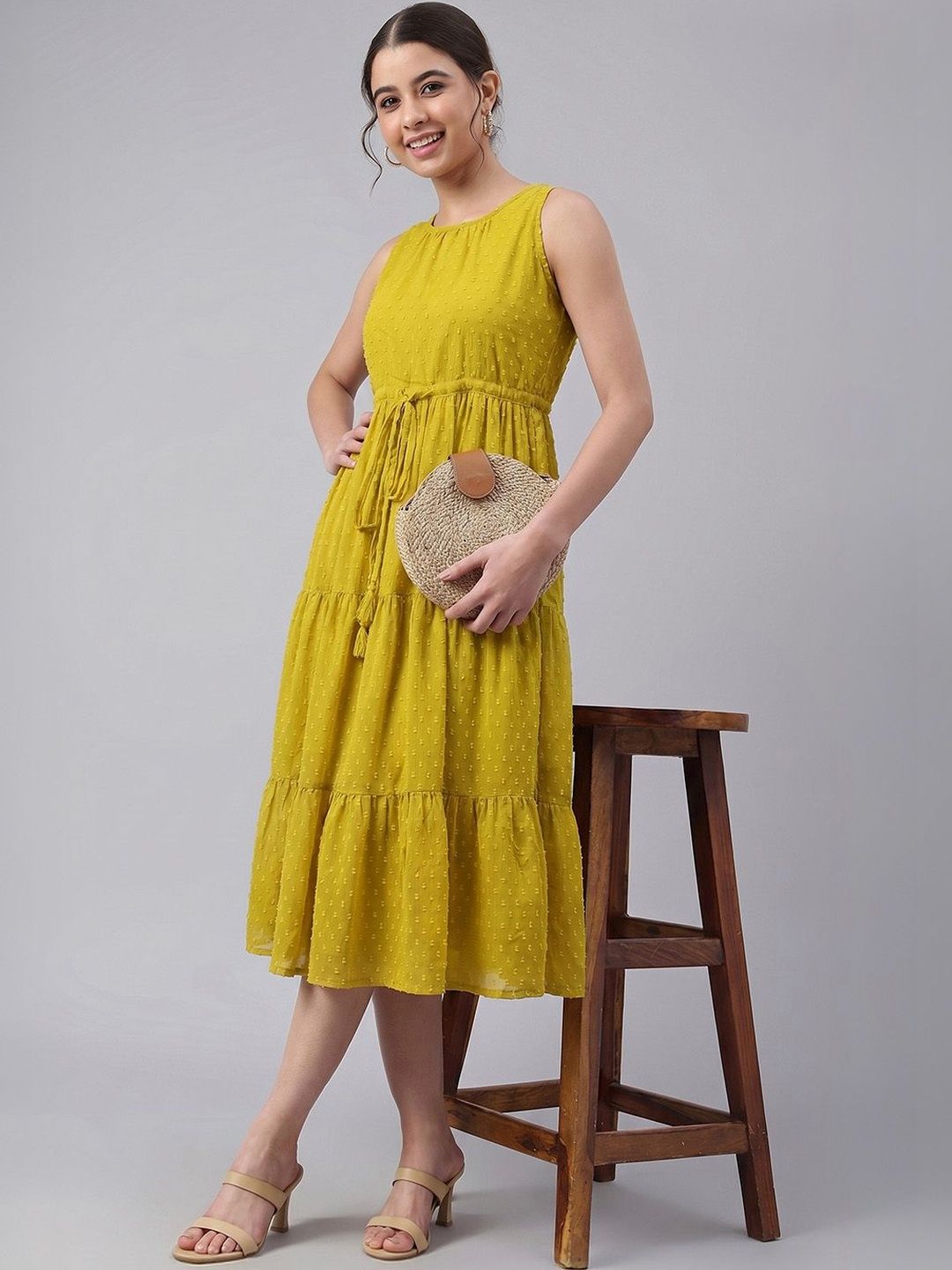 Janasya Women Lime Dobby Chiffon Solid Tiered Dress-picture-34