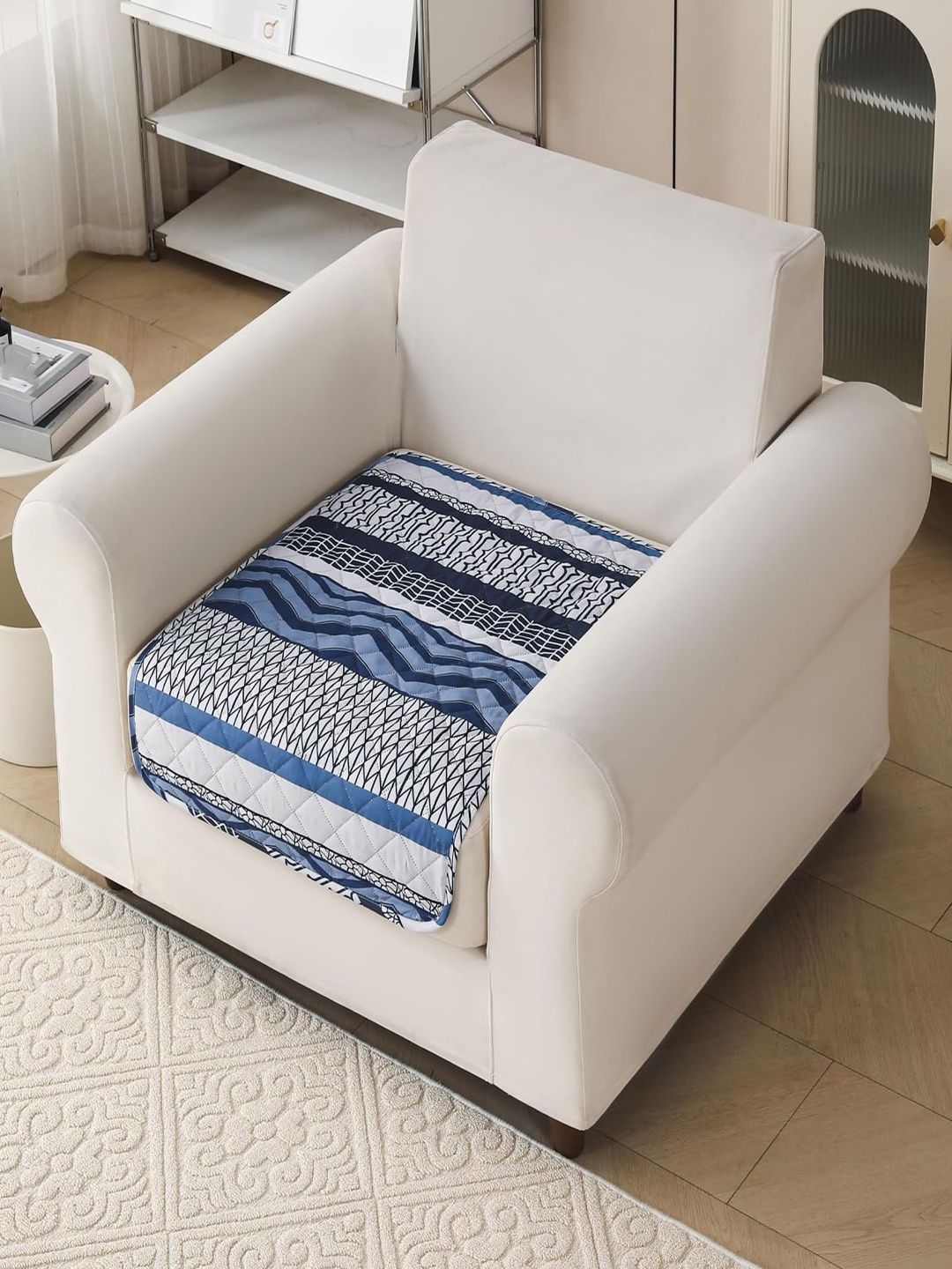 HOUSE OF QUIRK Navy Blue & White Printed Polyester Blend 1 Piece Sofa Cover Without Arms-image-8