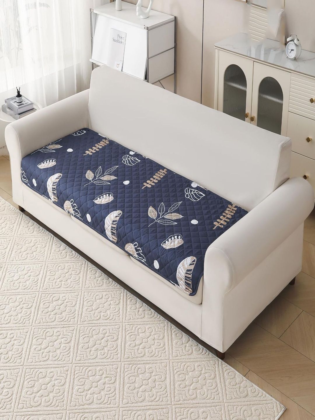 HOUSE OF QUIRK Charcoal & Navy Blue Printed Polyester Blend 1 Piece Sofa Cover Without Arms-image-26