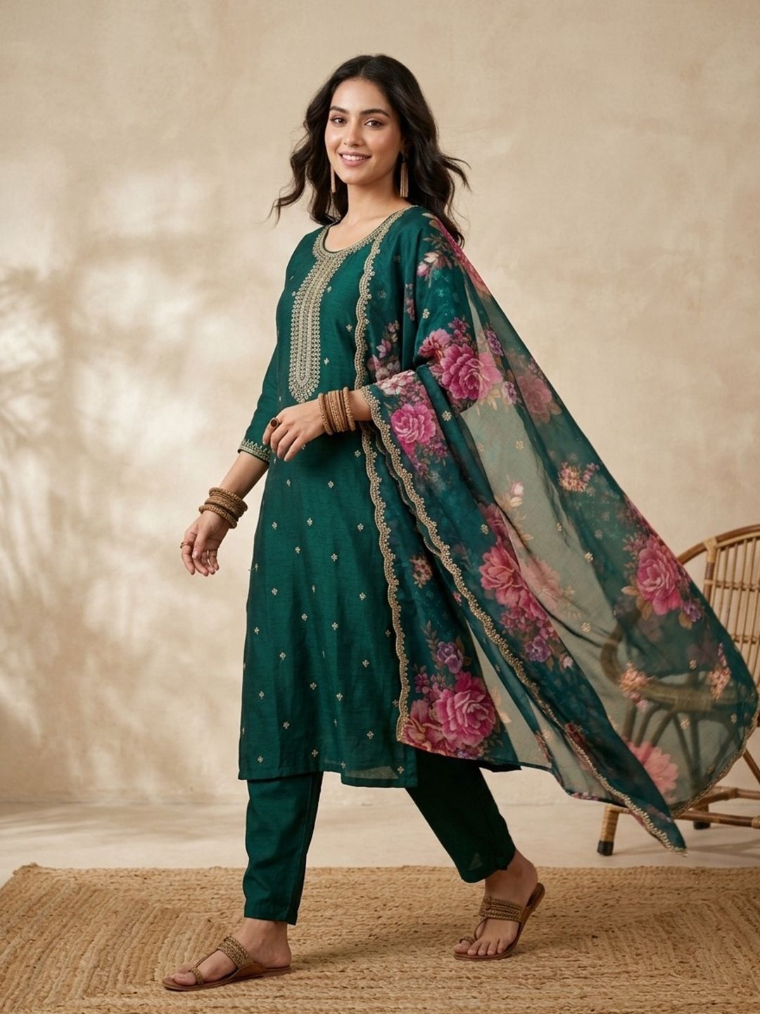 Koskii Bottle Green Soft Raw Silk Gold Zariwork Straight Kurta With Pant And Dupatta-picture-55