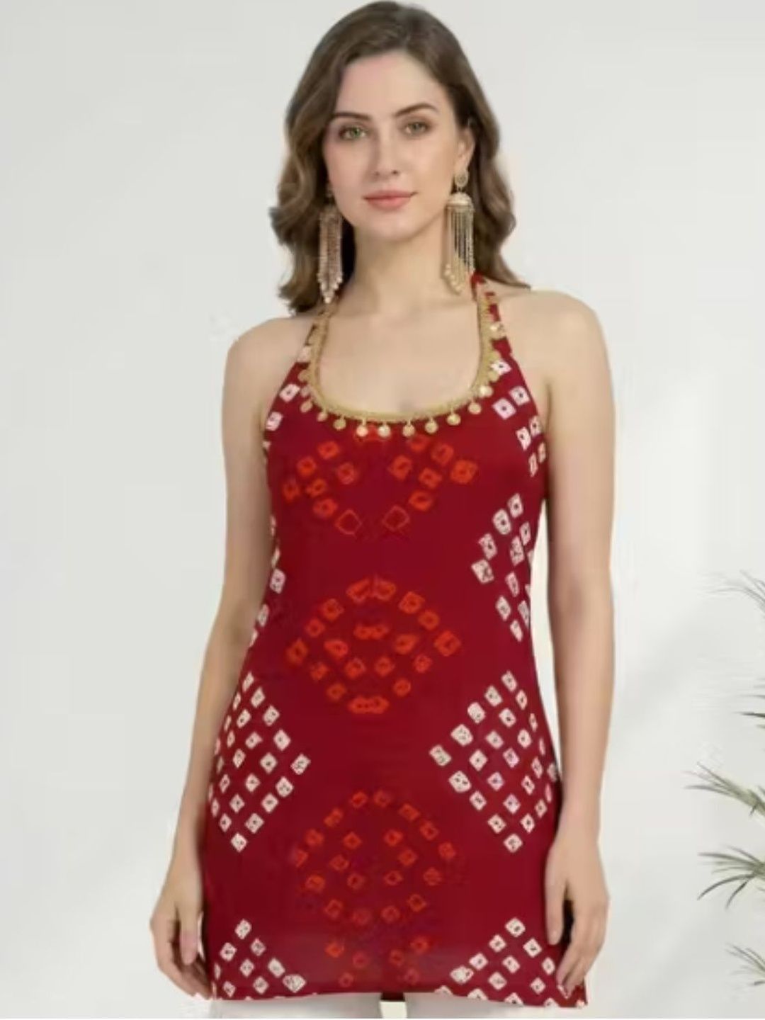 sanganeri hast kala Bandhani Printed Halter Neck Gotta Patti Pure Cotton Gotta Patti Kurti-picture-46
