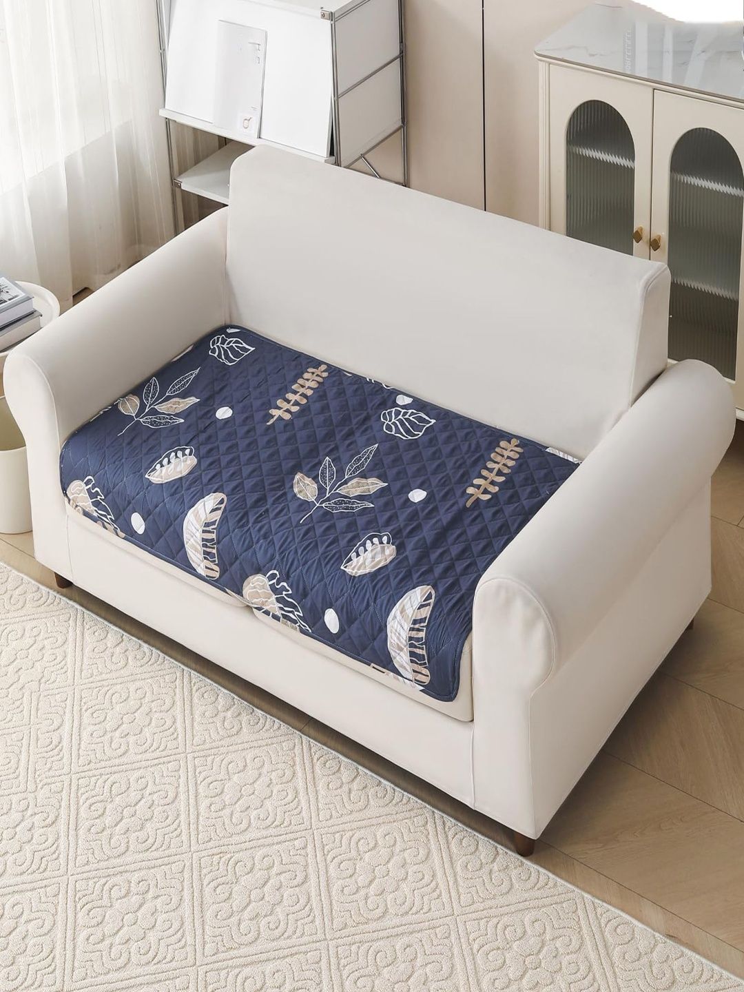 HOUSE OF QUIRK Charcoal & Navy Blue Printed Polyester Blend 1 Piece Sofa Cover Without Arms-image-27