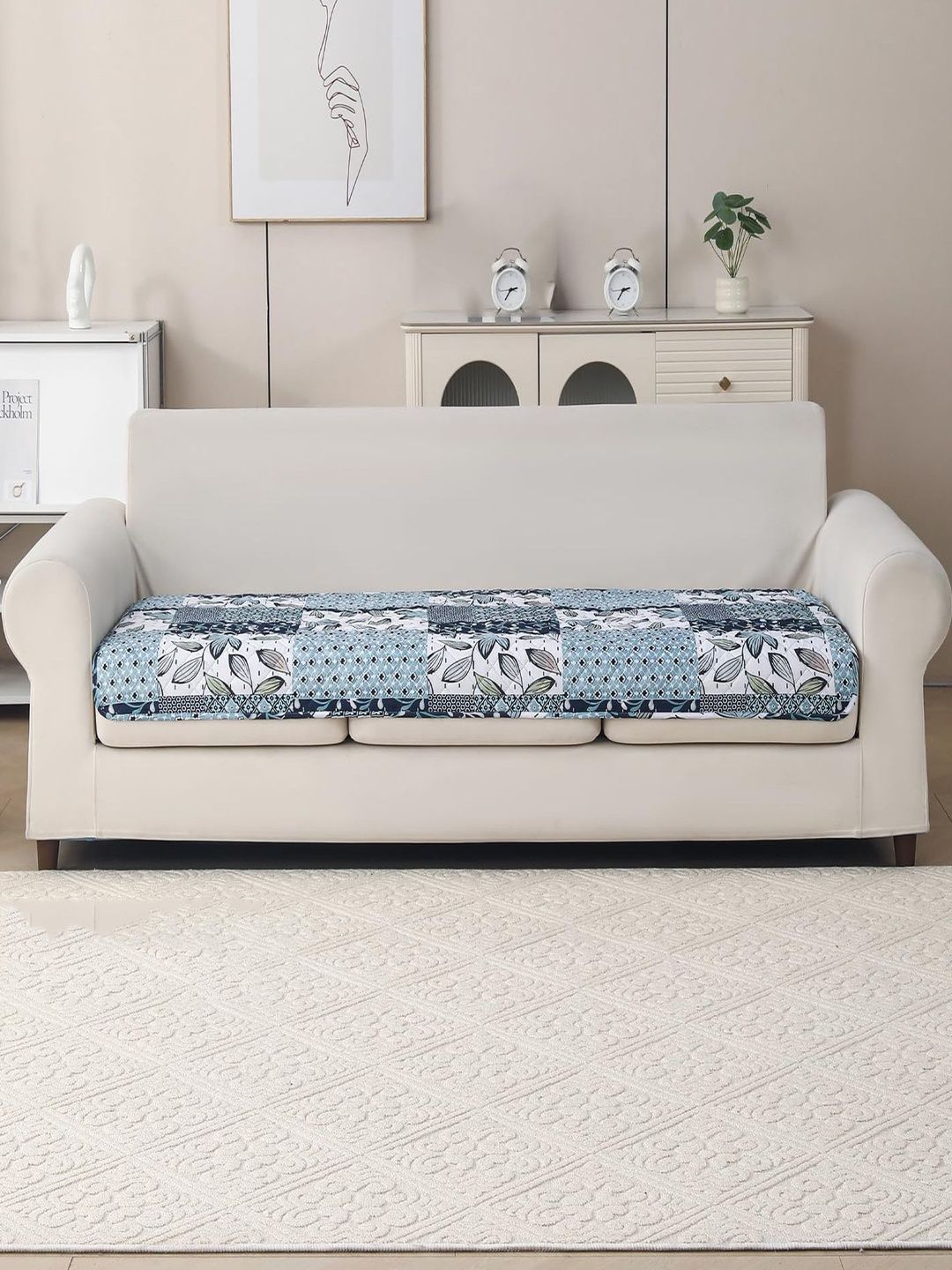 HOUSE OF QUIRK Blue & Off White Printed Polyester Blend 1 Piece Sofa Cover Without Arms-image-40