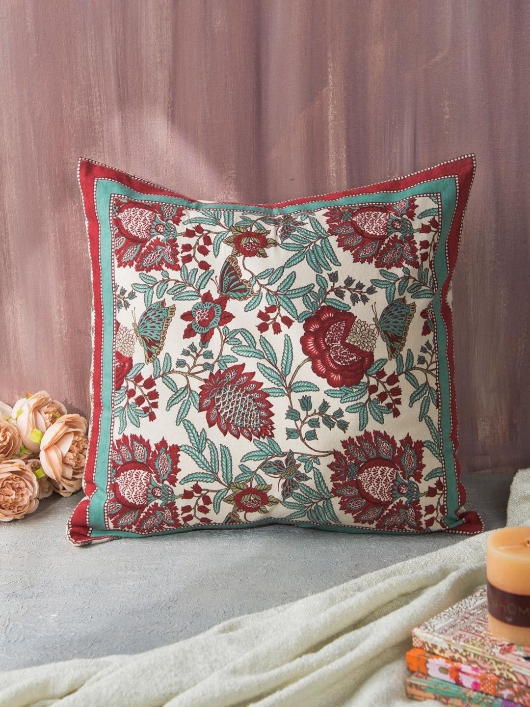 Fabindia Red Floral Square Cushion Covers-picture-34