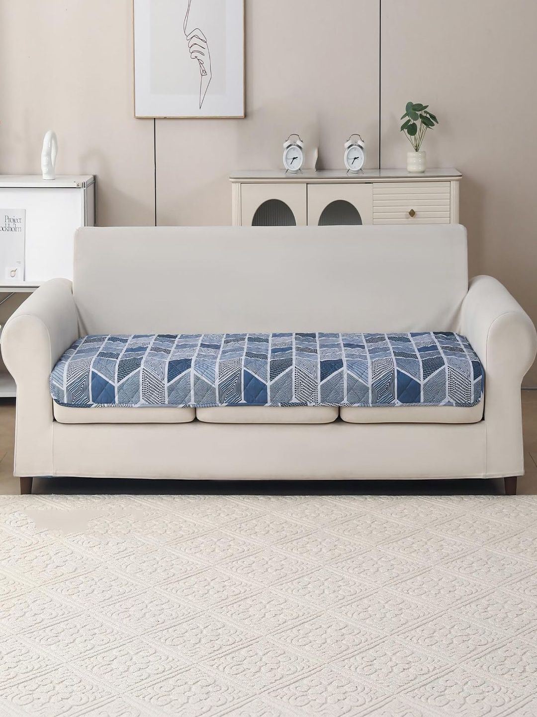 HOUSE OF QUIRK Blue & Blue Printed Polyester Blend 1 Piece Sofa Cover Without Arms-image-16