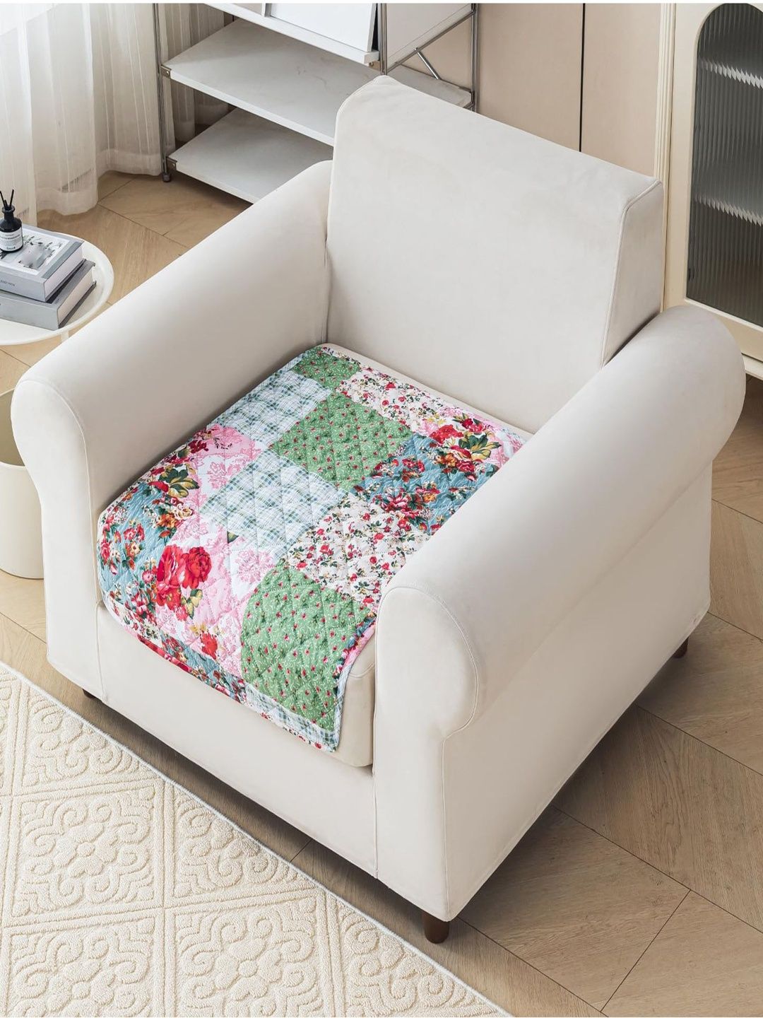 HOUSE OF QUIRK Green & Multicoloured Printed Polyester Blend 1 Piece Sofa Cover Without Arms-image-31