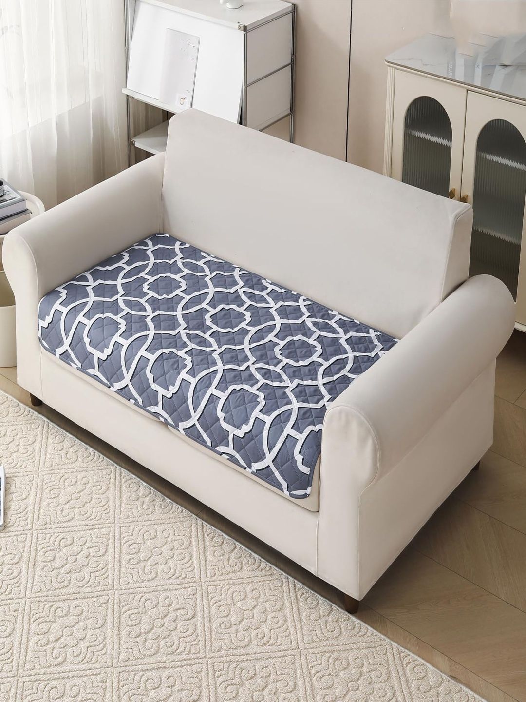 HOUSE OF QUIRK Grey & Grey Printed Polyester Blend 1 Piece Sofa Cover Without Arms-image-21