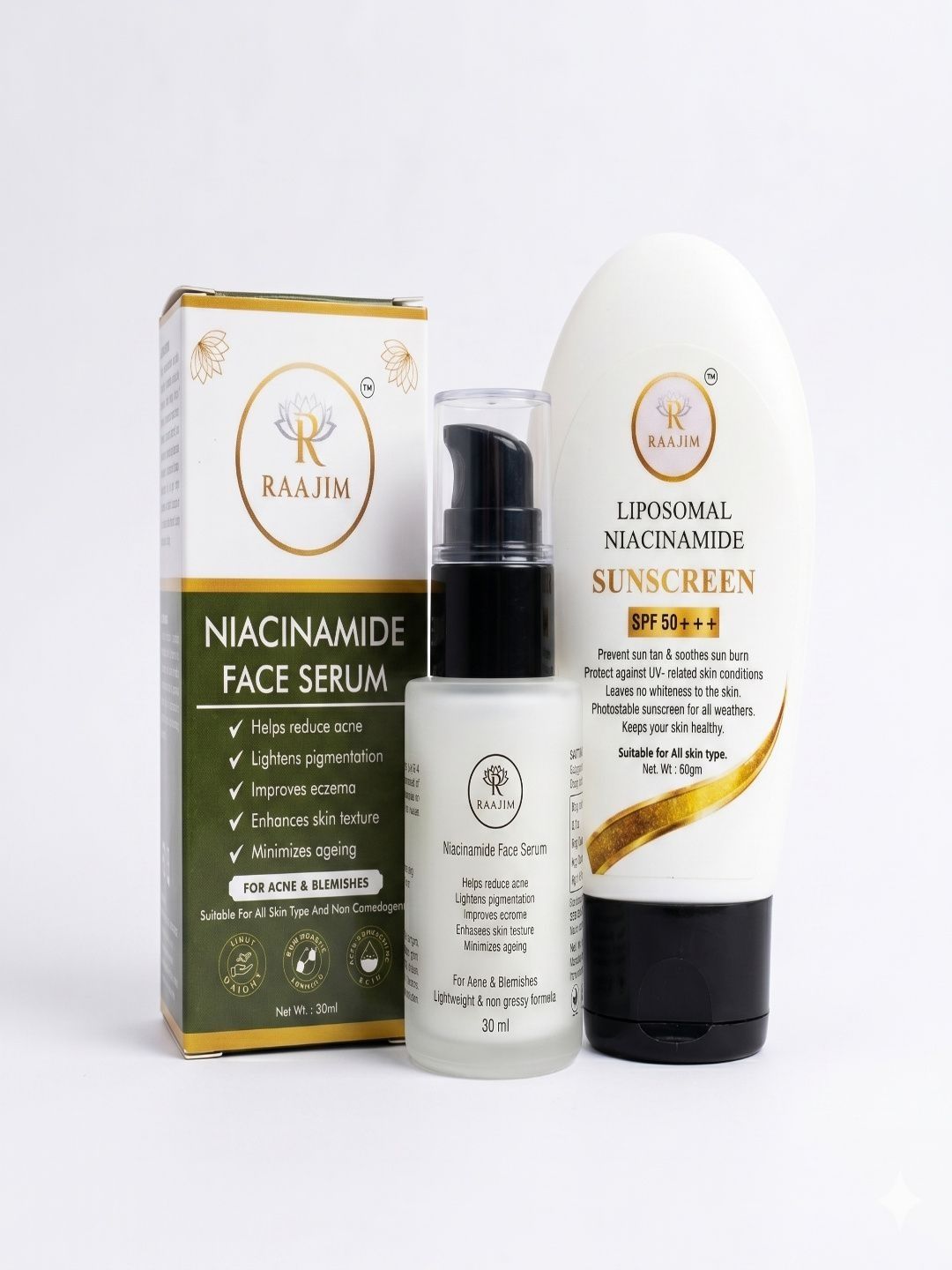 raajim set of 2 niacinamide serum 30 ml with sunscreen spf50+++ 60 g