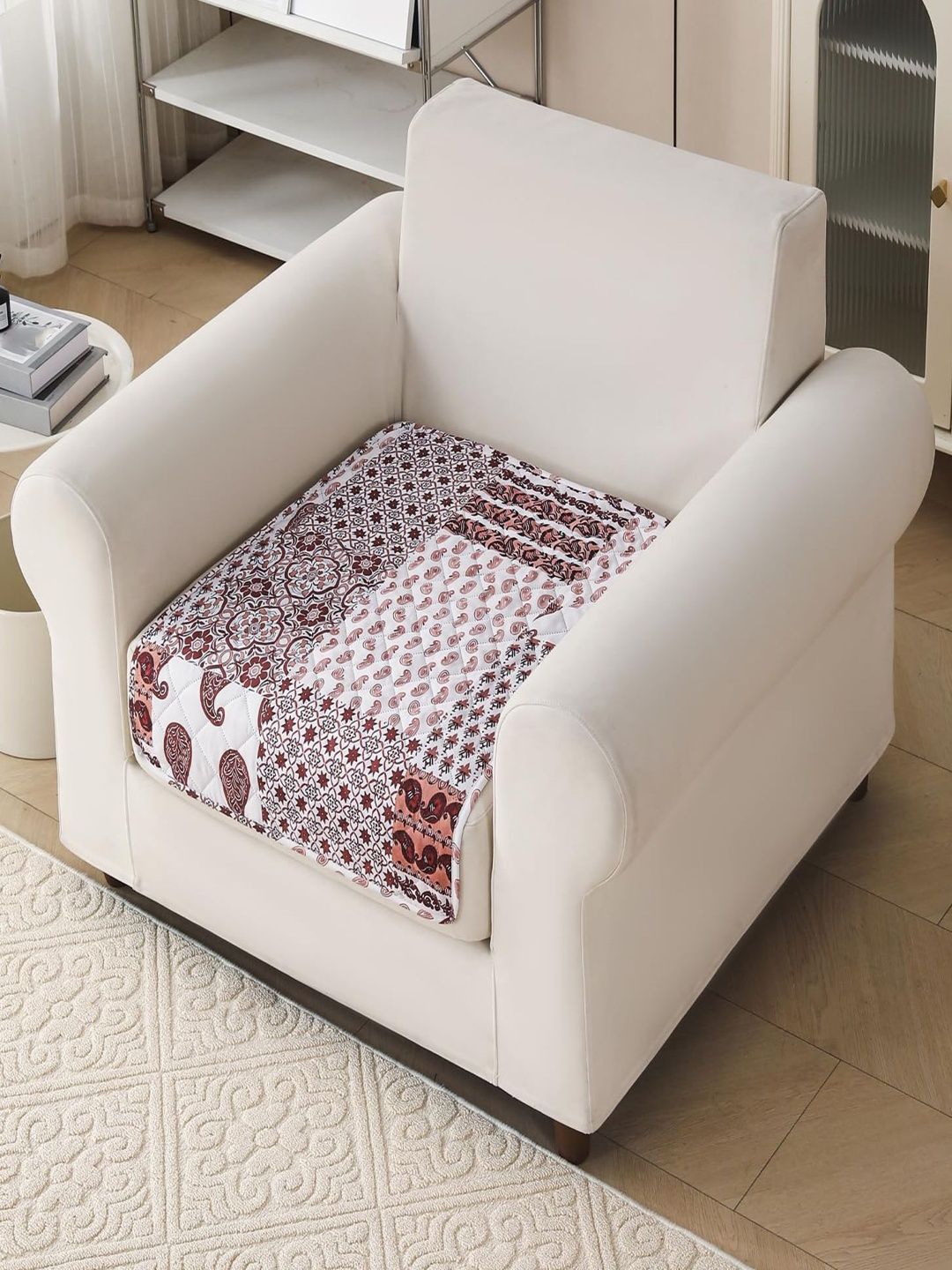 HOUSE OF QUIRK Brown & White Printed Polyester Blend 1 Piece Sofa Cover Without Arms-image-16