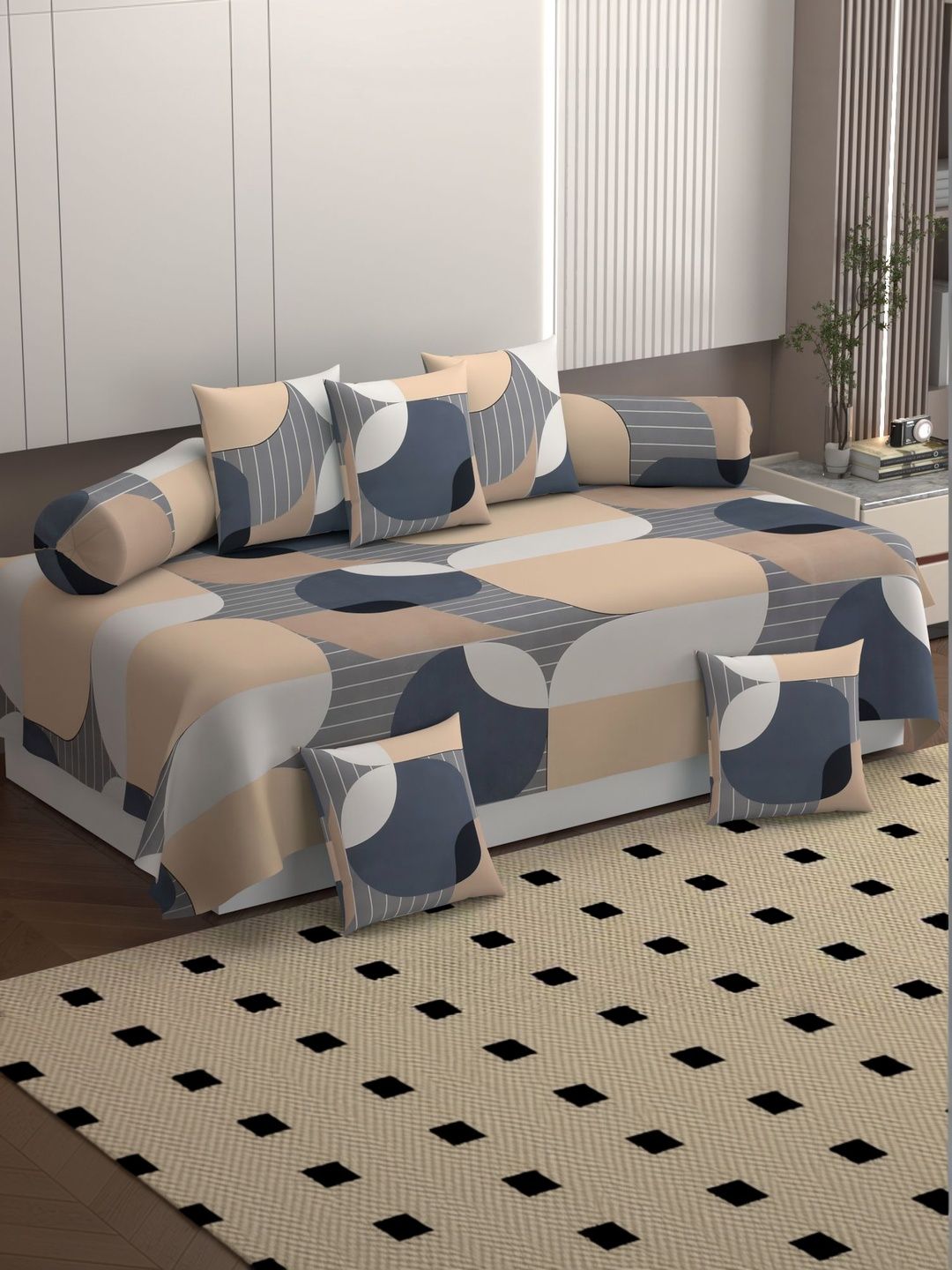 Bromwick 8-Pcs Beige & Grey Printed Bedsheet with Bolster and Cushion Covers-image-49