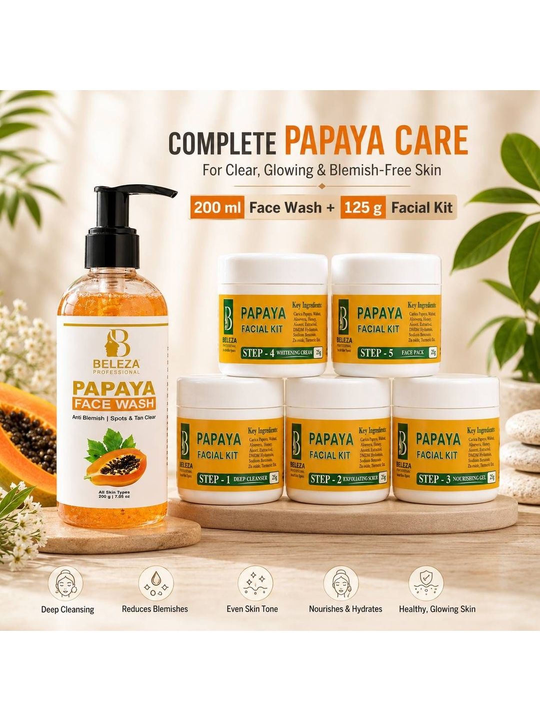 Beleza Professional Set Of 2 Papaya Facial Kit 125 ml With Face Wash - 200 ml-image-5