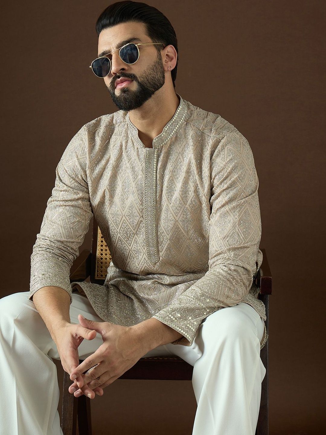 House of Pataudi Men Thread Work Georgette Kurta-image-41