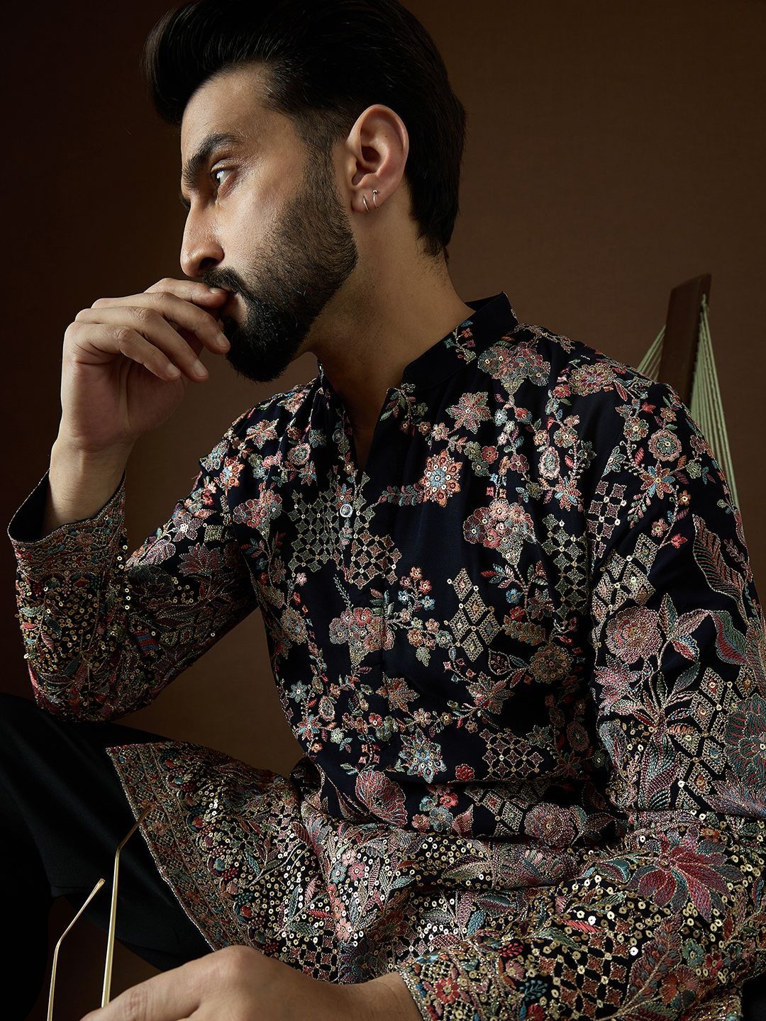 House of Pataudi Men Floral Embroidered Sequinned Grandeur & Majestic Artwork Georgette Kurta-picture-33
