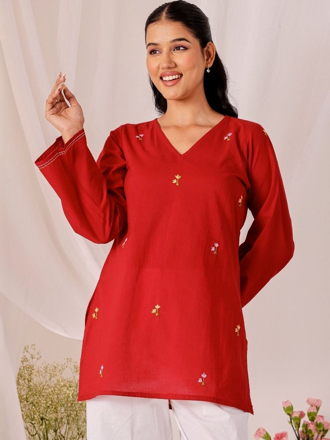 Chowkhat Floral Embroidered V-Neck Thread Work Pure Cotton Handloom Thread Work Kurti-picture-16