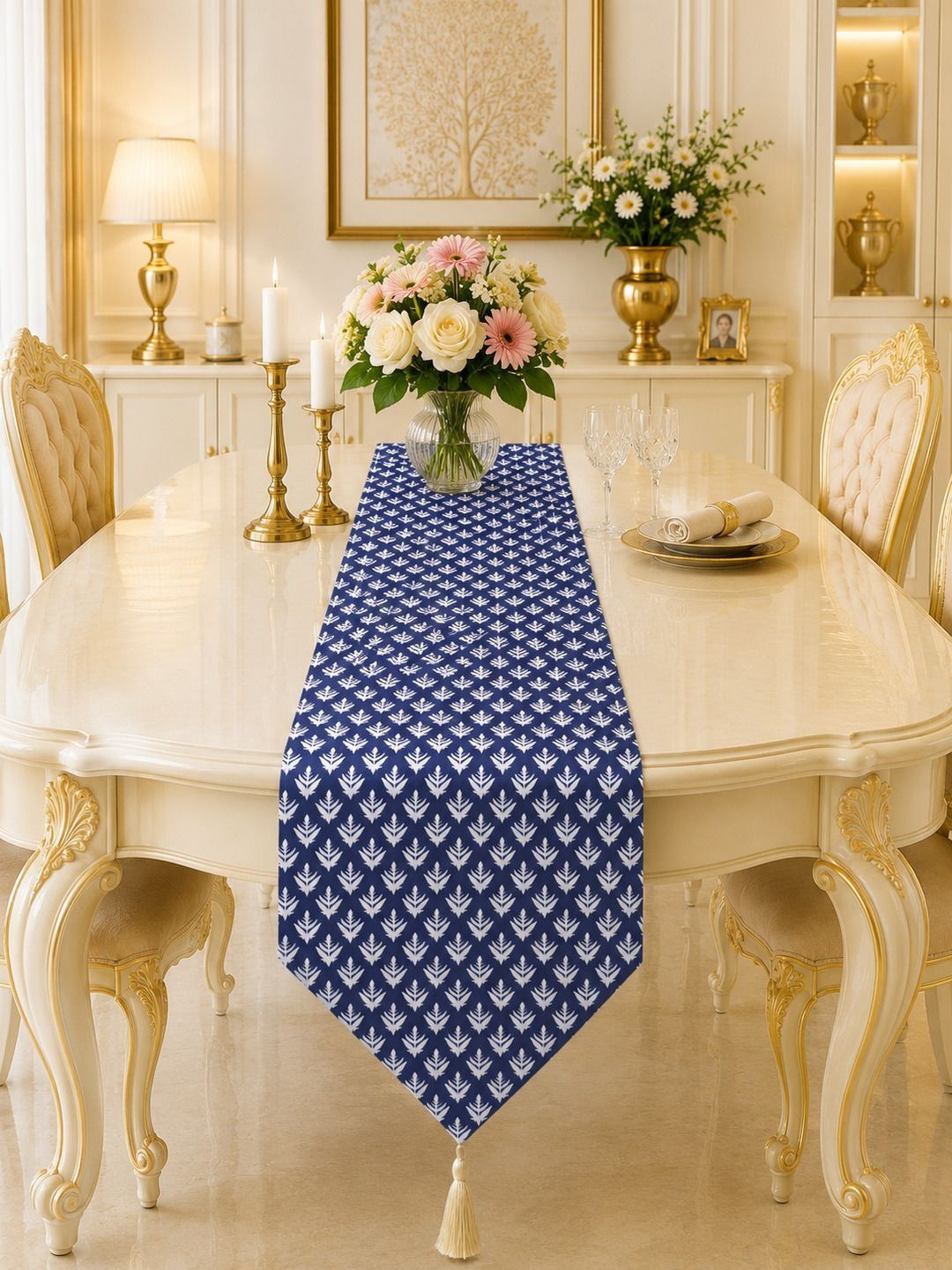 Aura White & Blue Floral Printed Table Runners-image-38