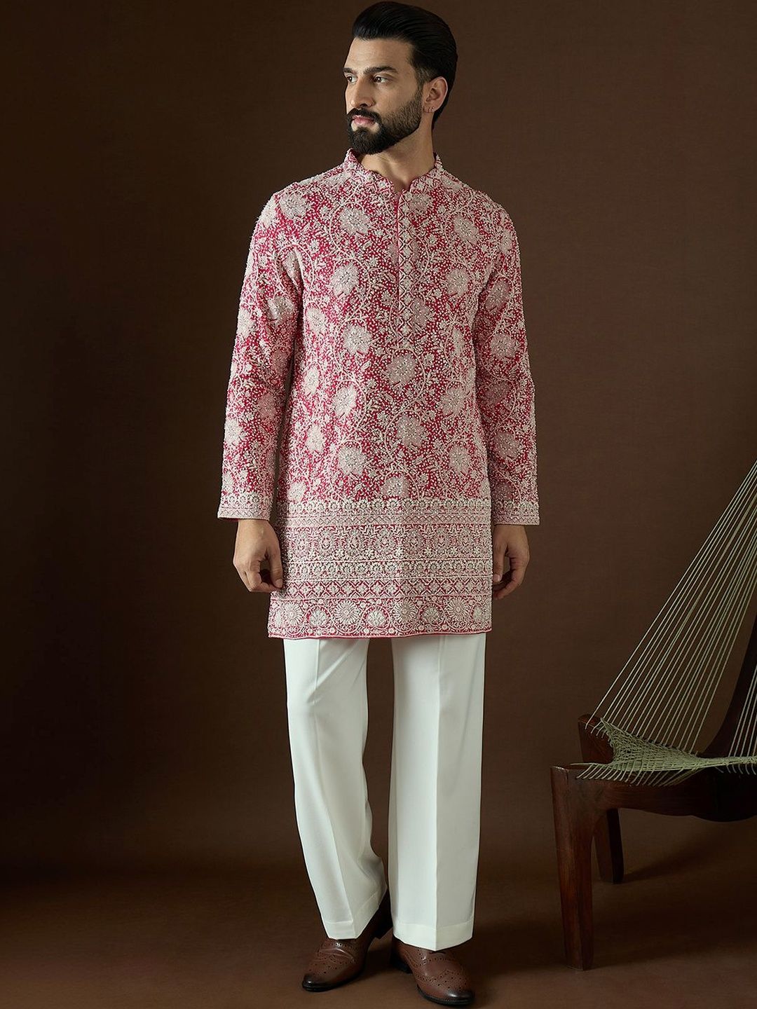 House of Pataudi Men Ethnic Motifs Embroidered Sequinned Grandeur & Majestic Artwork Georgette Kurta-picture-47