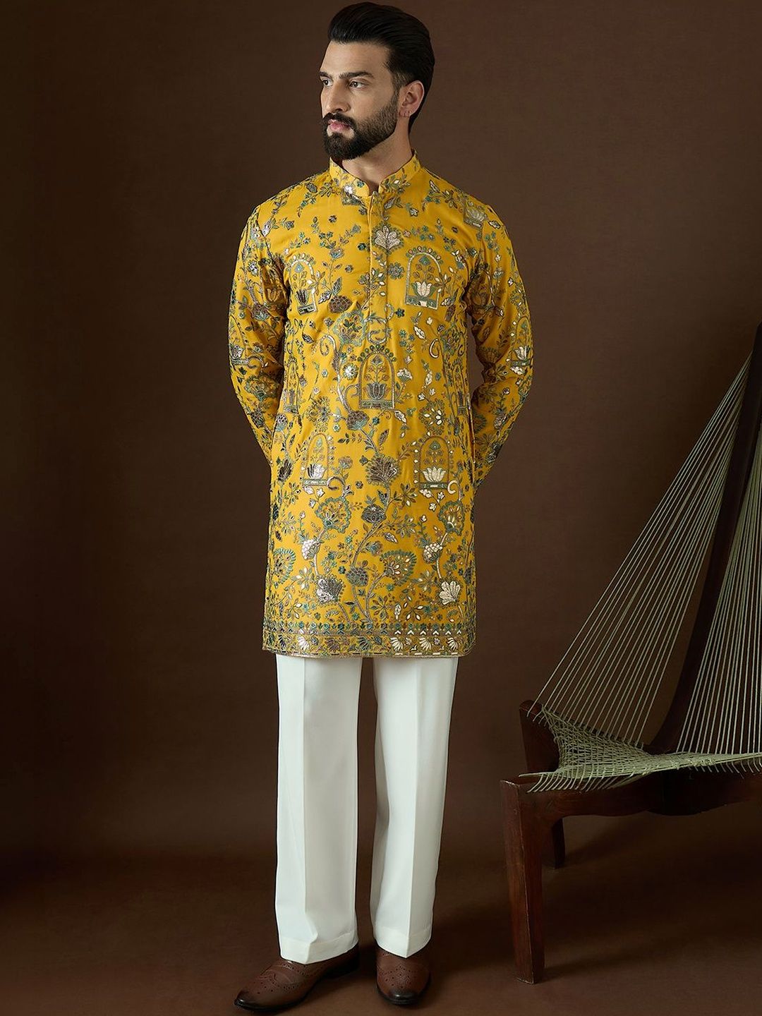 House of Pataudi Men Ethnic Motifs Embellished Sequinned Grandeur & Majestic Artwork Georgette Kurta-picture-42