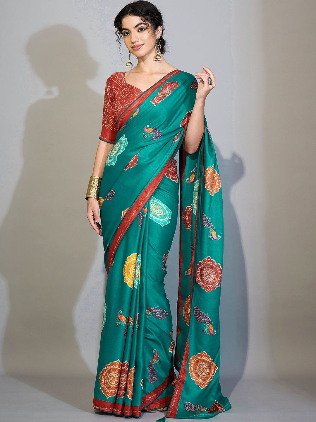 Saree mall Teal Ethnic Motifs Georgette Designer Bandhani Sarees With Unstiched Blouse-picture-13