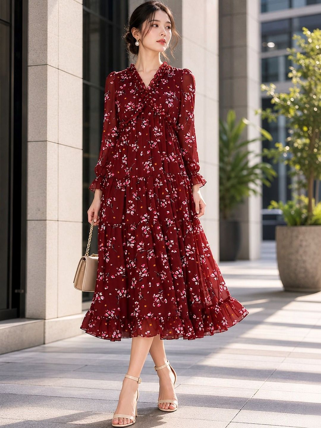 DressBerry Floral Print Ruffled Georgette A-Line Midi Dress-picture-22