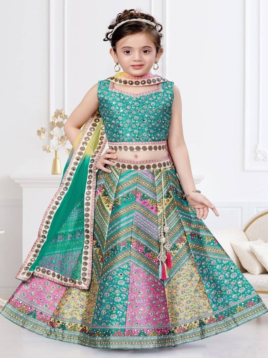 JAY NAGNATH FAB Girls Embellished Mirror Work Tie and Dye Semi-Stitched Lehenga & Blouse With Dupatta-image-39
