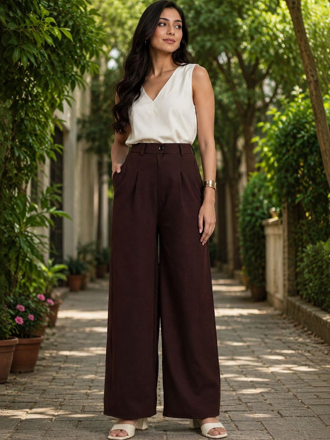 ROOPKAR Women Relaxed Easy Wash Pleated Trousers-picture-34
