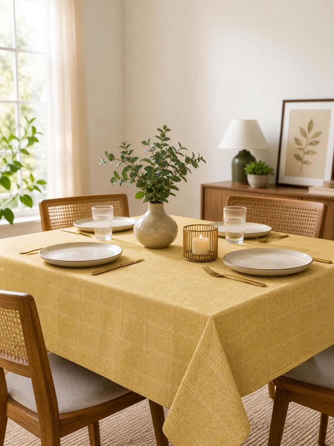 NESTERRA Beige Geometric Printed Cotton 6-Seater Table Cover with Textured details-image-28