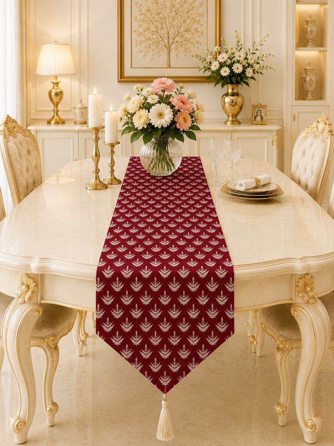 Aura White & Red Floral Printed Table Runners-image-35