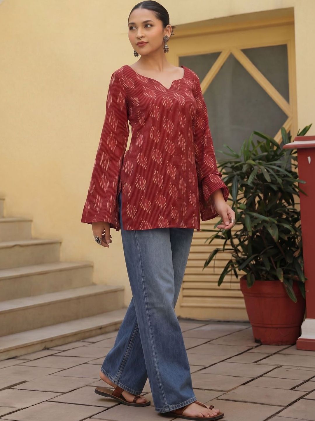 anayna Printed V-Neck Flared Sleeves Pure Cotton Kurti-picture-45