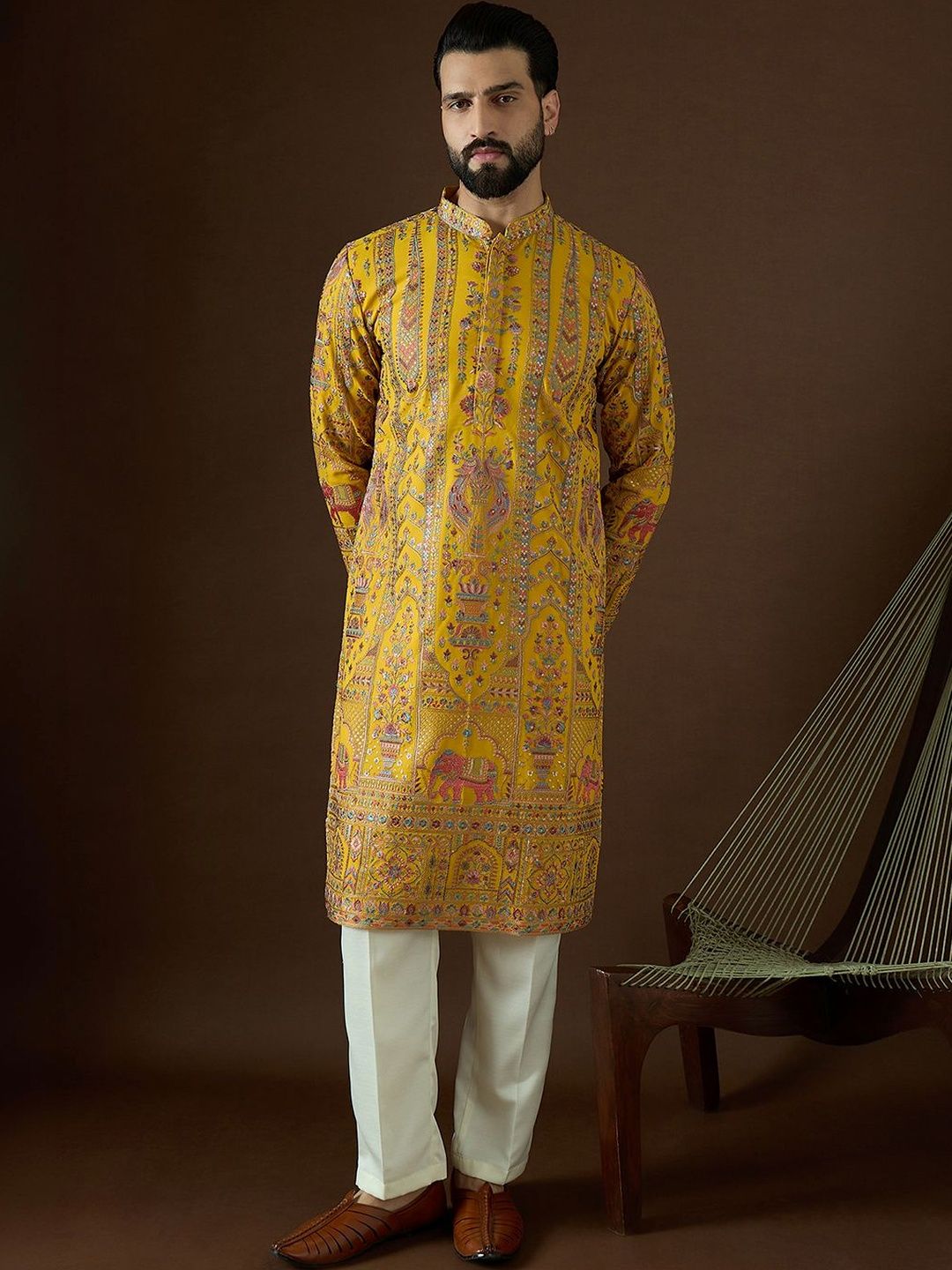 House of Pataudi Men Ethnic Motifs Embroidered Thread Work Indie Prints Georgette Kurta-picture-40