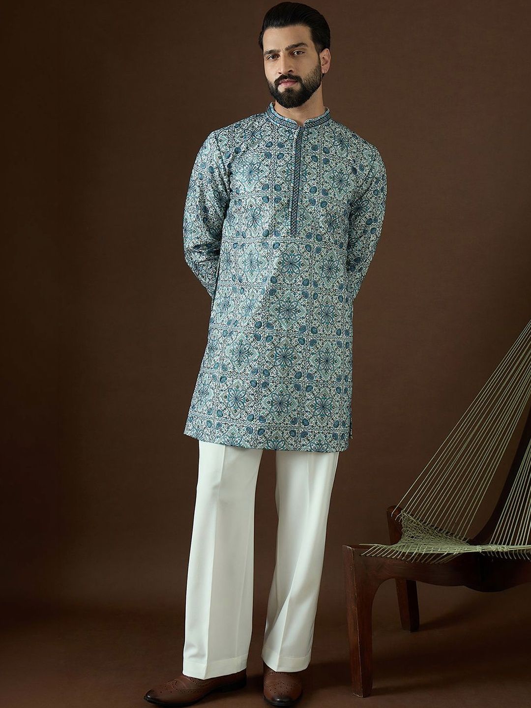 House of Pataudi Men Ethnic Motifs Printed Thread Work Indie Prints Kurta-picture-57