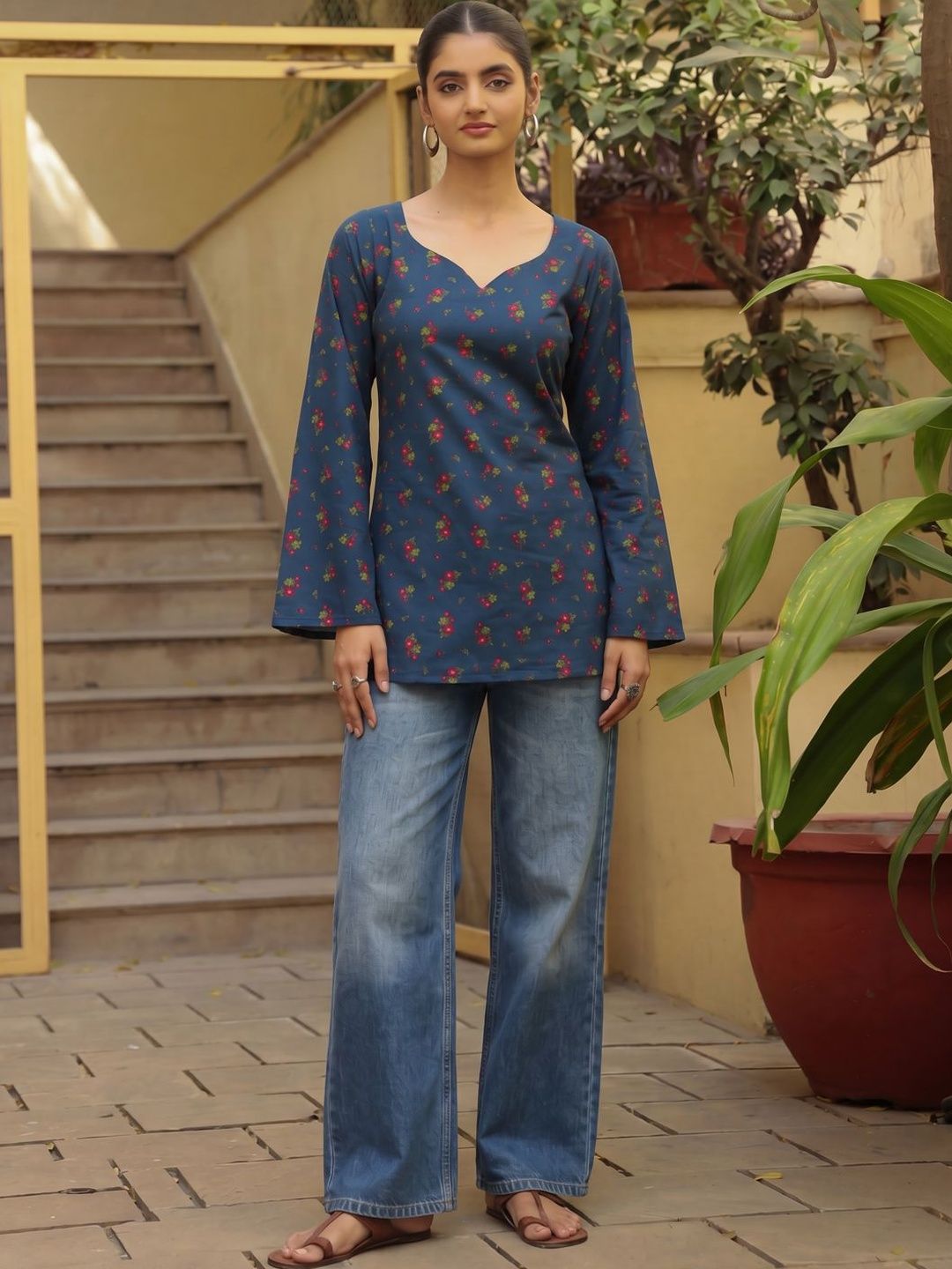 anayna Floral Printed V-Neck Pure Cotton Kurti-image-41