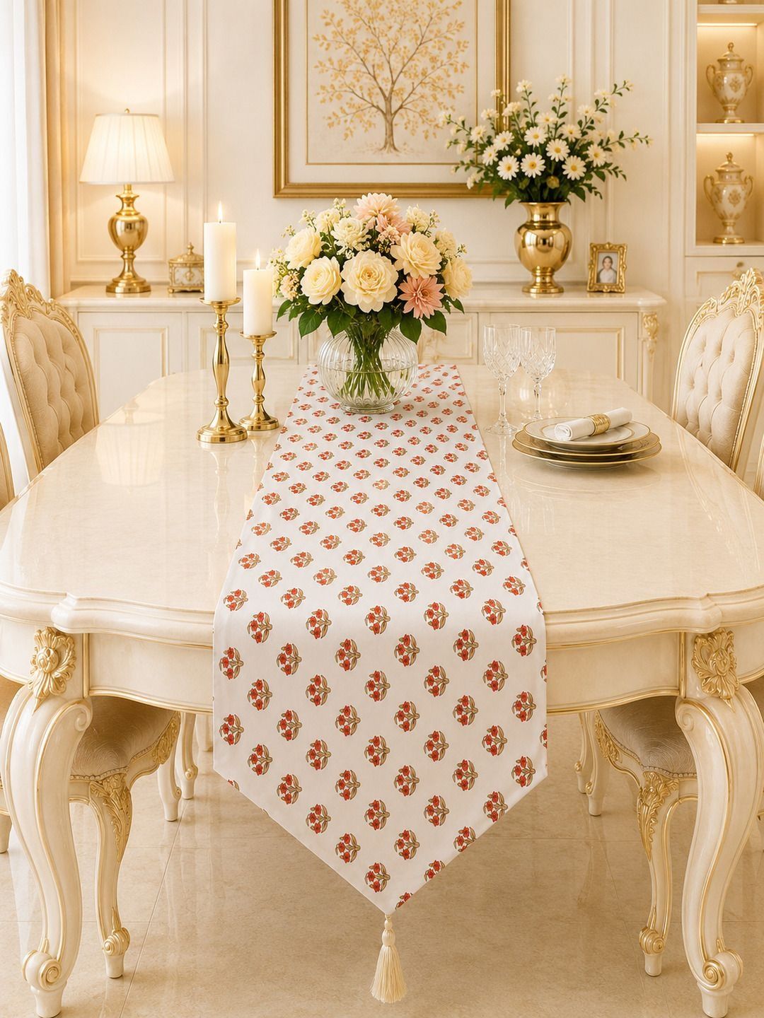 Aura White & Red Floral Printed Table Runners-image-30