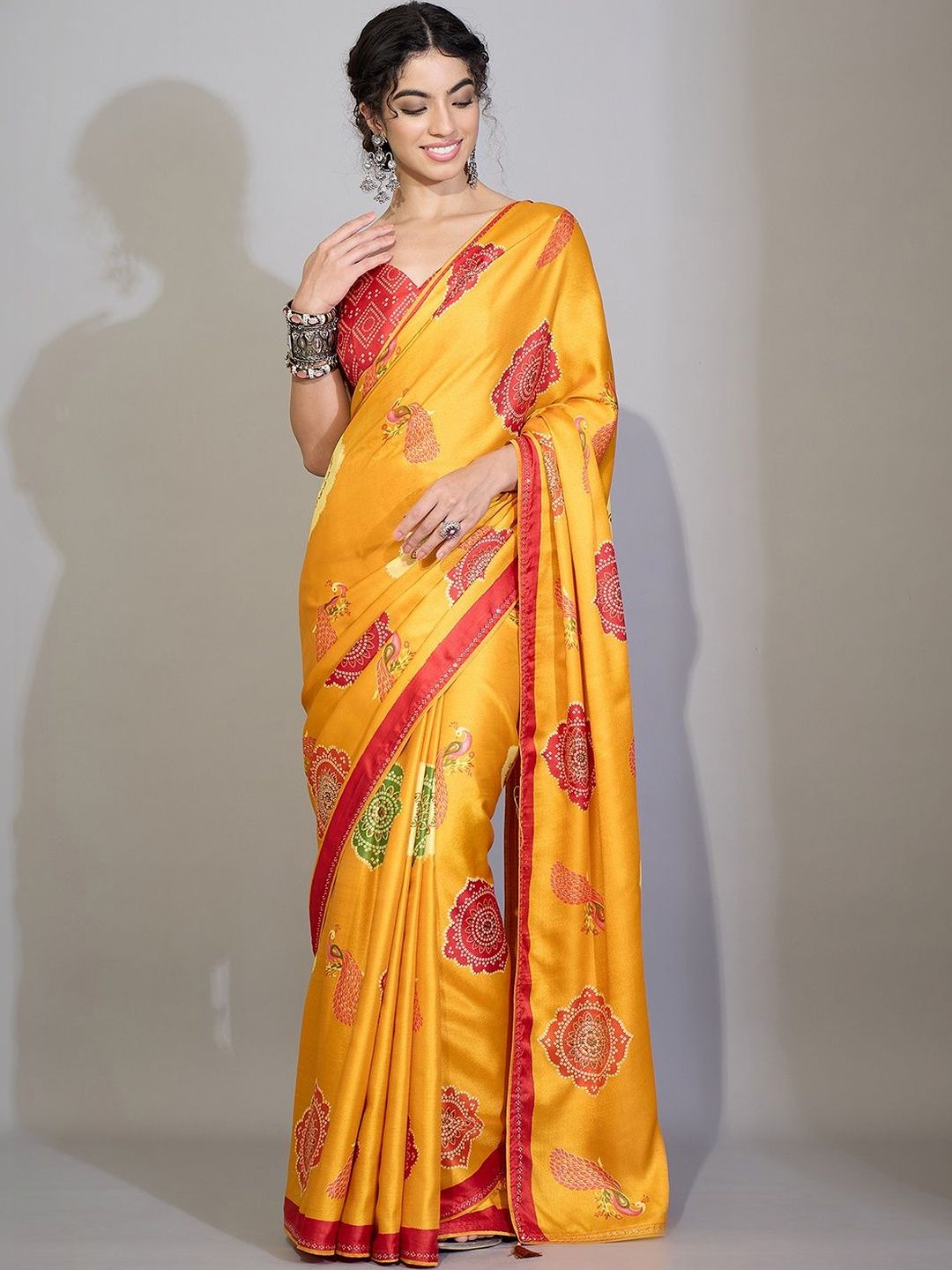 Saree mall Yellow Ethnic Motifs Georgette Designer Bandhani Sarees With Unstiched Blouse-picture-15