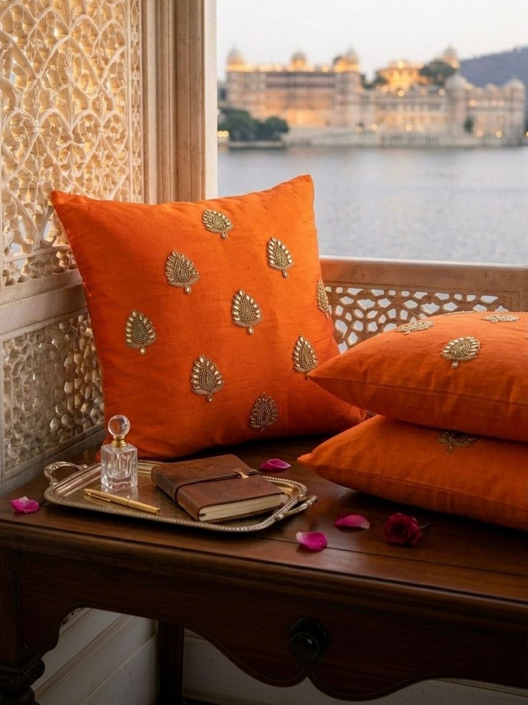 RoyalDeco Orange & Gold-Toned Set of 2 Embroidered Square Cushion Covers-image-37