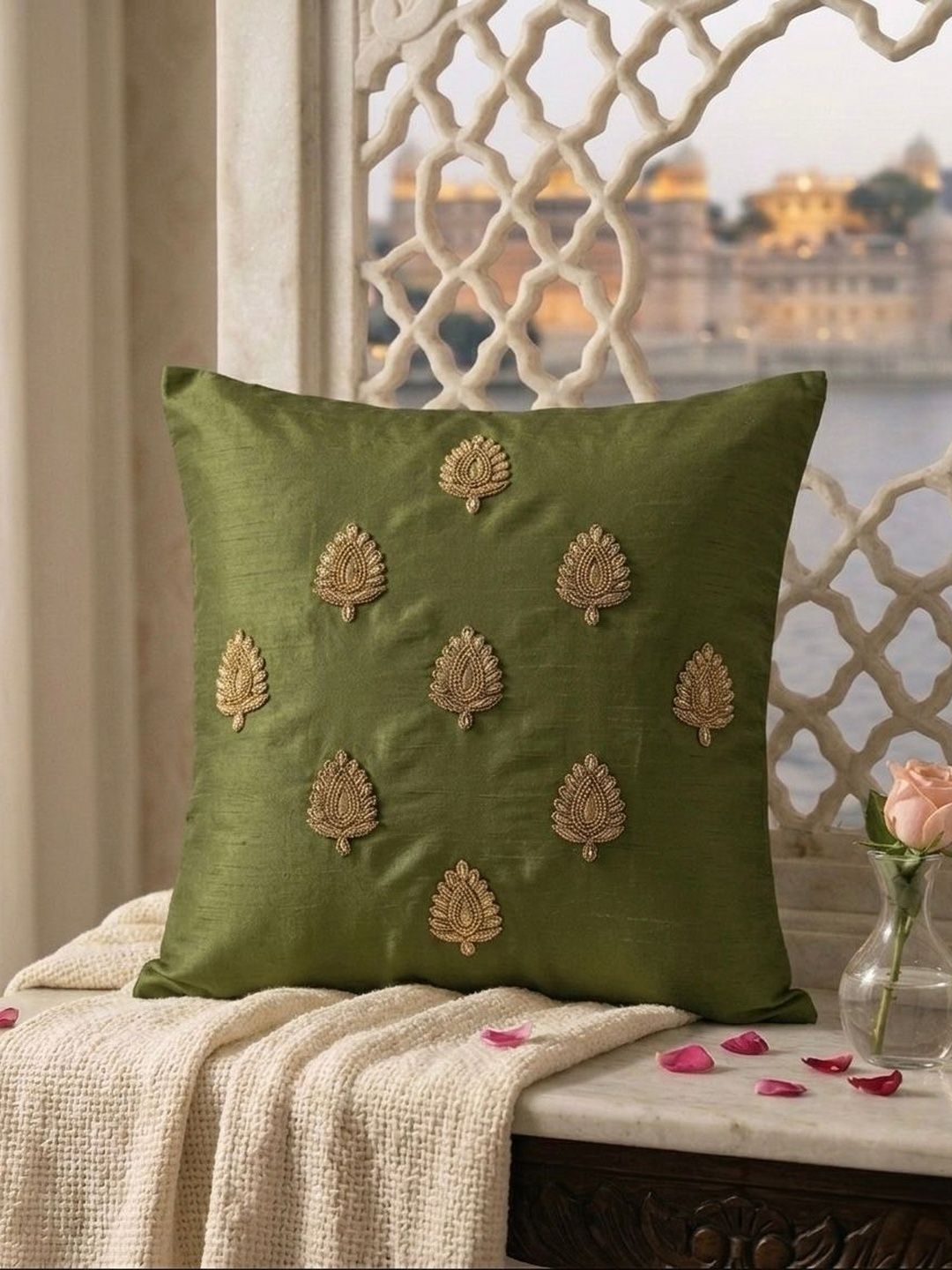 RoyalDeco Olive Green & Gold-Toned Set of 2 Embroidered Square Cushion Covers-picture-55