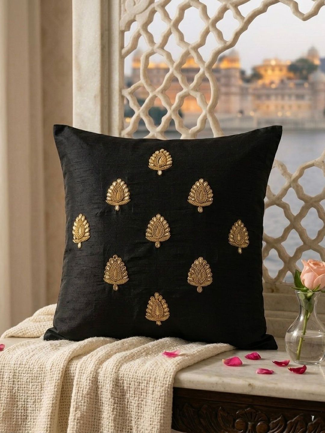 RoyalDeco Black & Gold-Toned Set of 2 Embroidered Square Cushion Covers-picture-17
