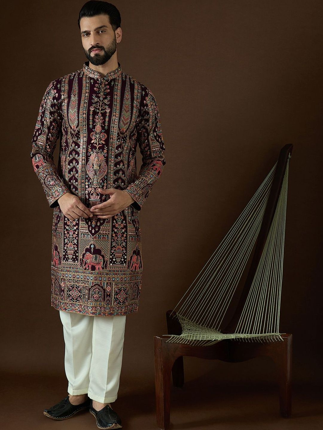House of Pataudi Men Ethnic Motifs Embroidered Thread Work Grandeur & Majestic Artwork Georgette Kurta-picture-37