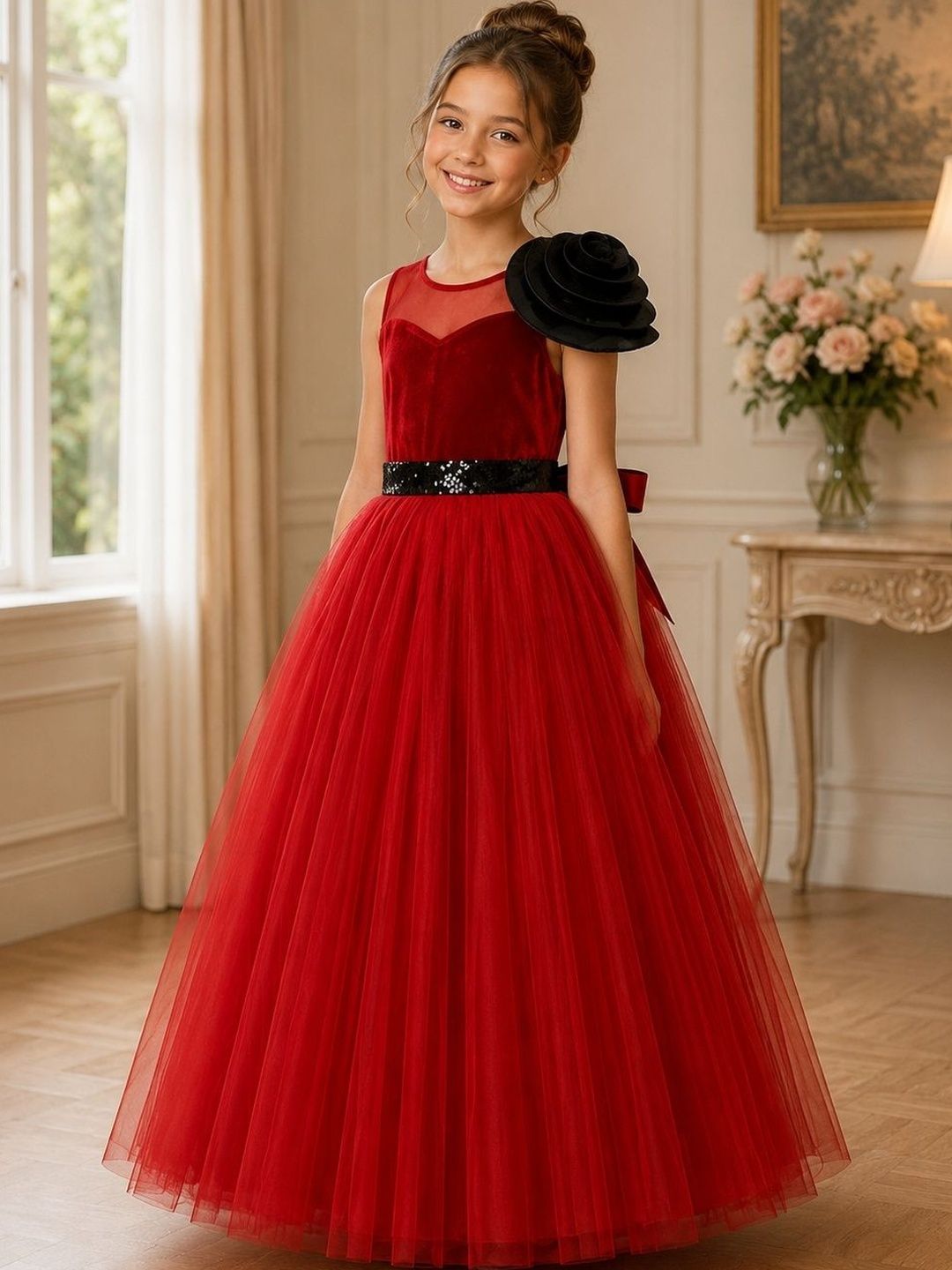 Dripteen Girls Floral Applique Net Formal Maxi Gown Dress-picture-10
