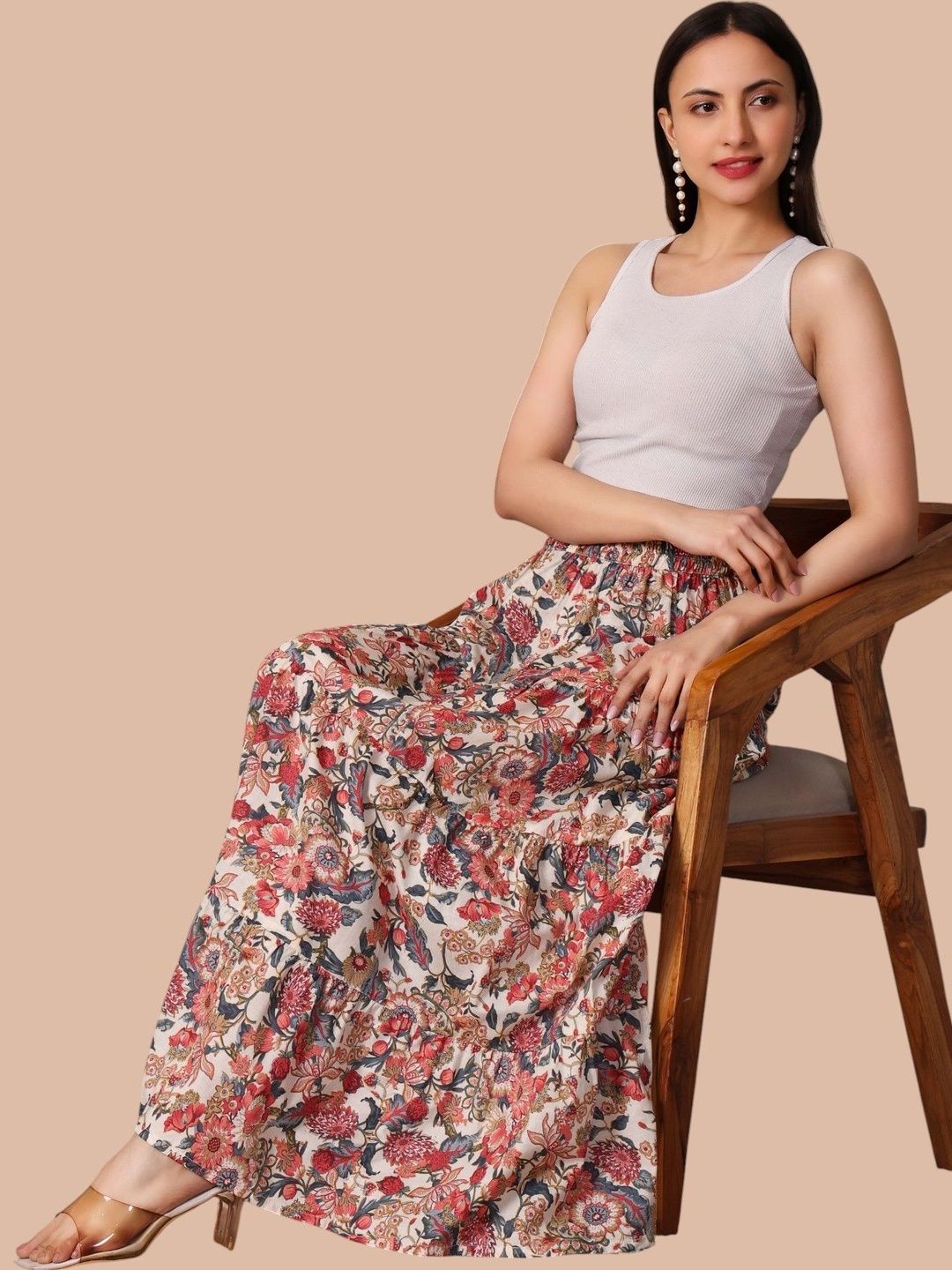 Sangria Women Pure Cotton Blend Floral Maxi Tiered Skirt-picture-41