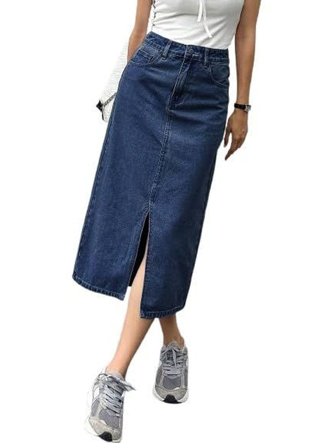 Pink Clap Fashion Women Denim Front Slit Midi Straight Skirt-picture-49