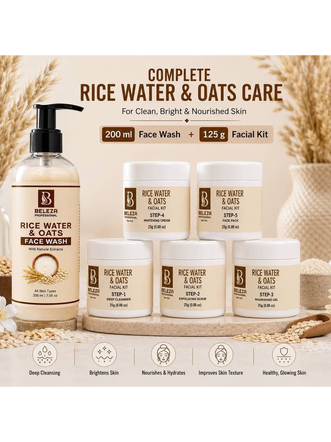 Beleza Professional Set Of 2 Rice Water Face Wash - 200 ml With Rice Water Facial Kit 125g-image-42