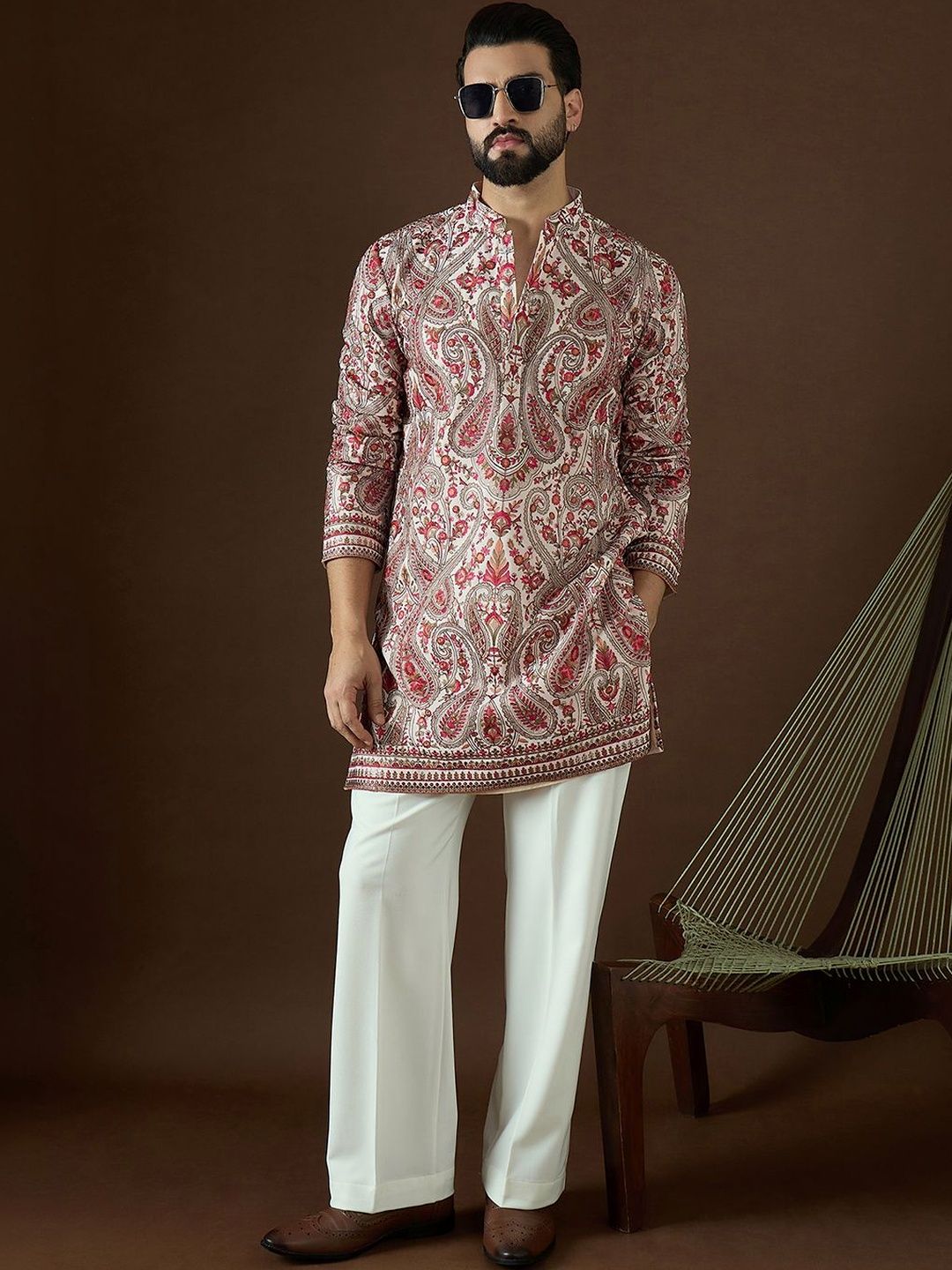House of Pataudi Men Paisley Printed Georgette Kurta-picture-32